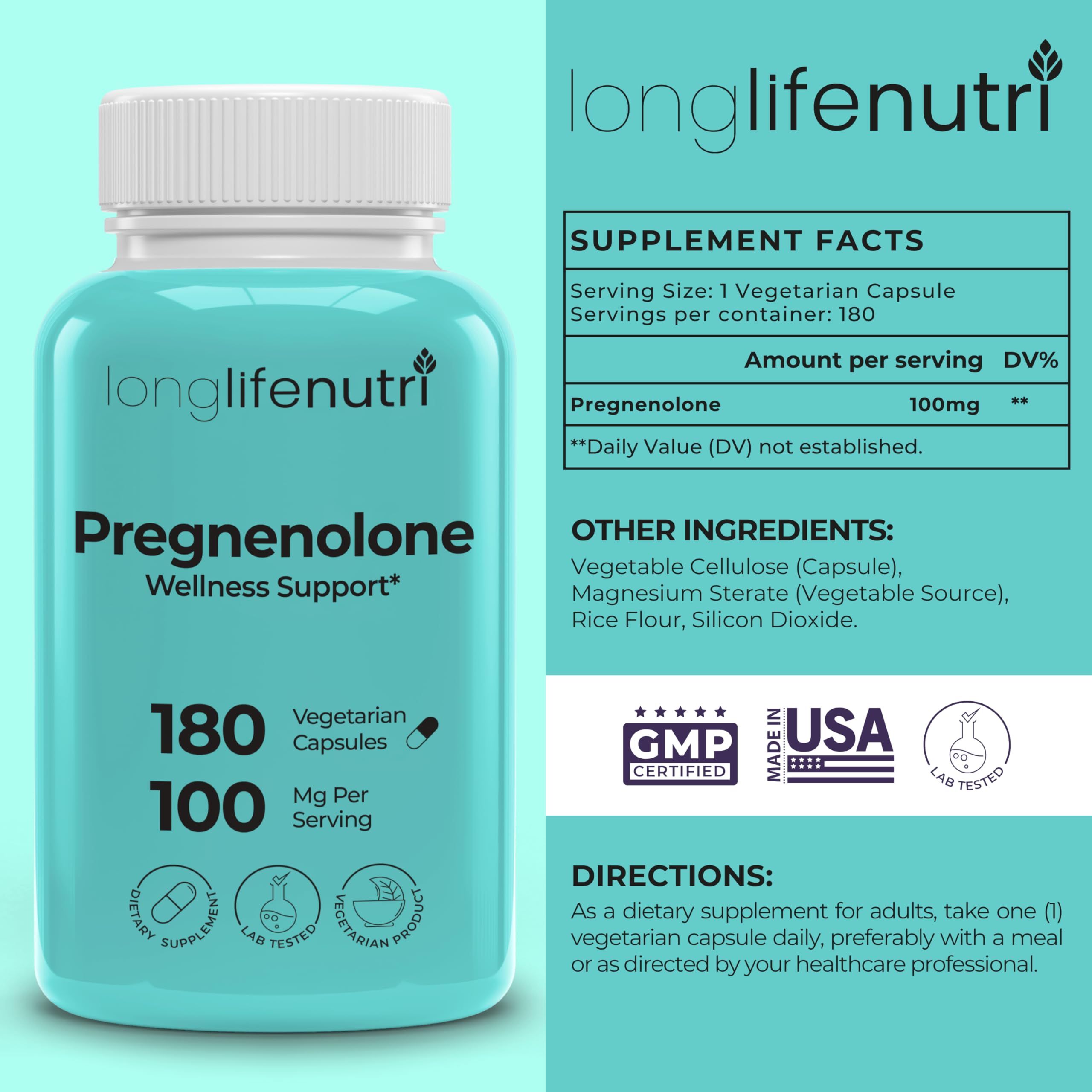 LongLifeNutri Pregnenolone 100mg bottle side view