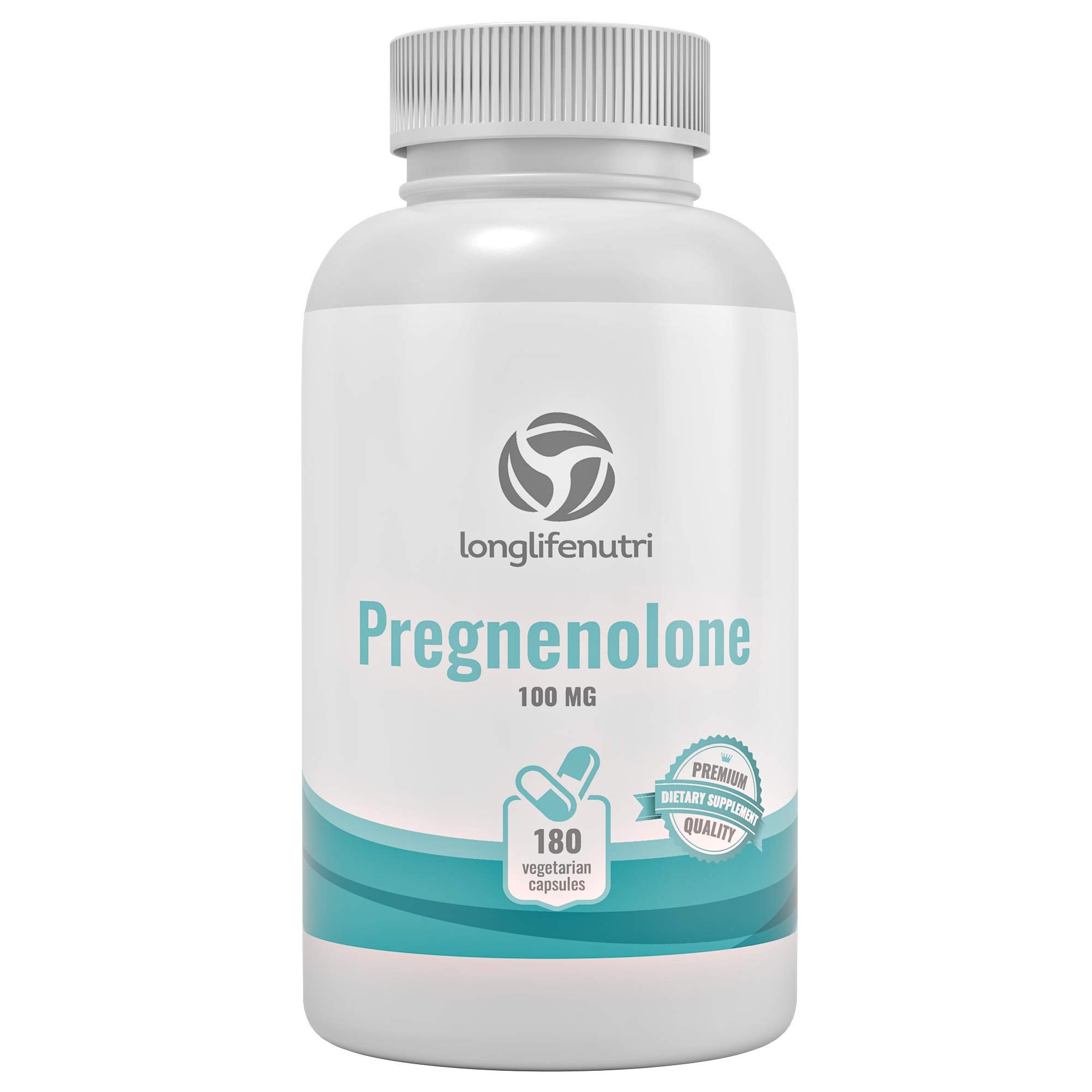 LongLifeNutri Pregnenolone 100mg bottle with measuring scoop