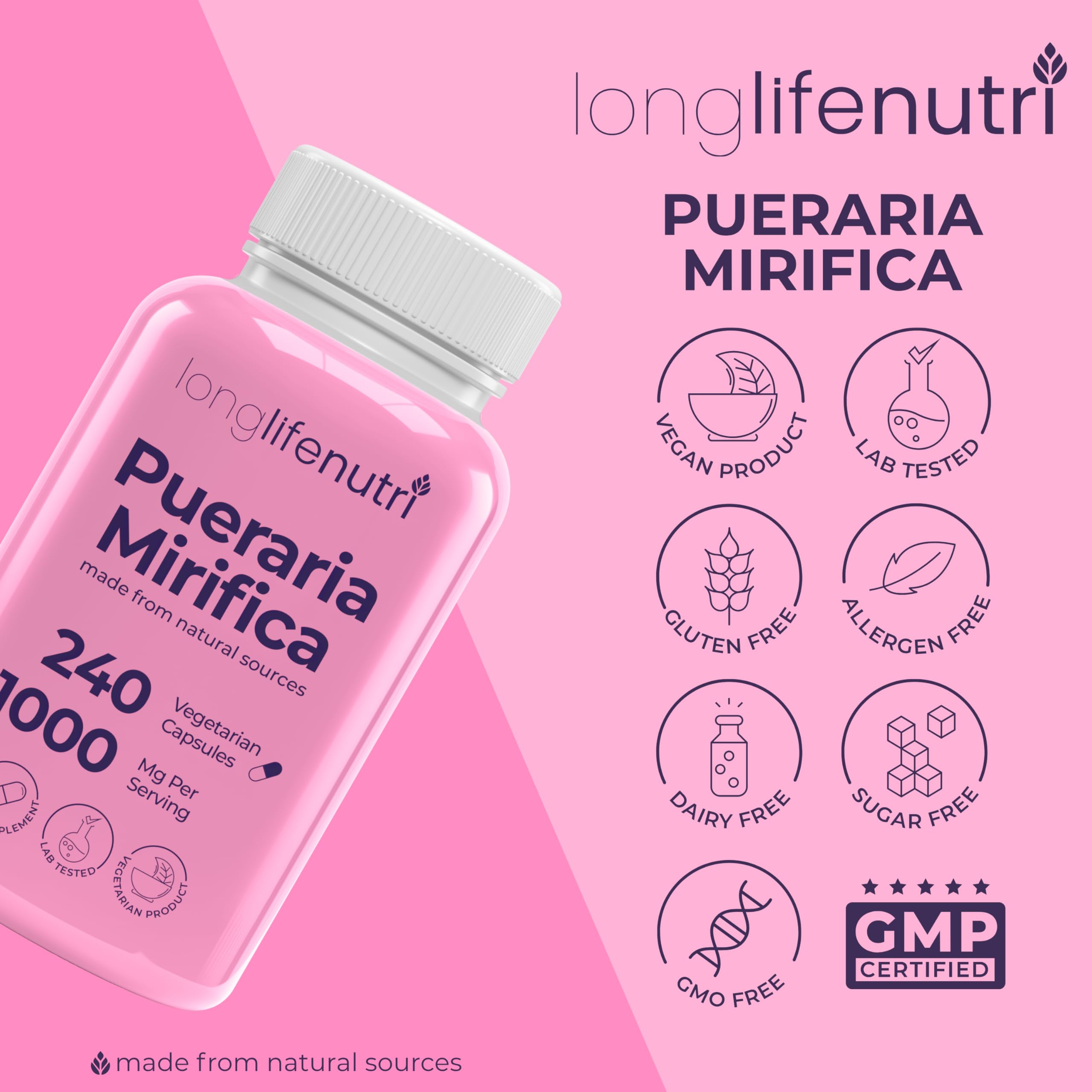 LongLifeNutri Pueraria Mirifica capsules on a wooden surface