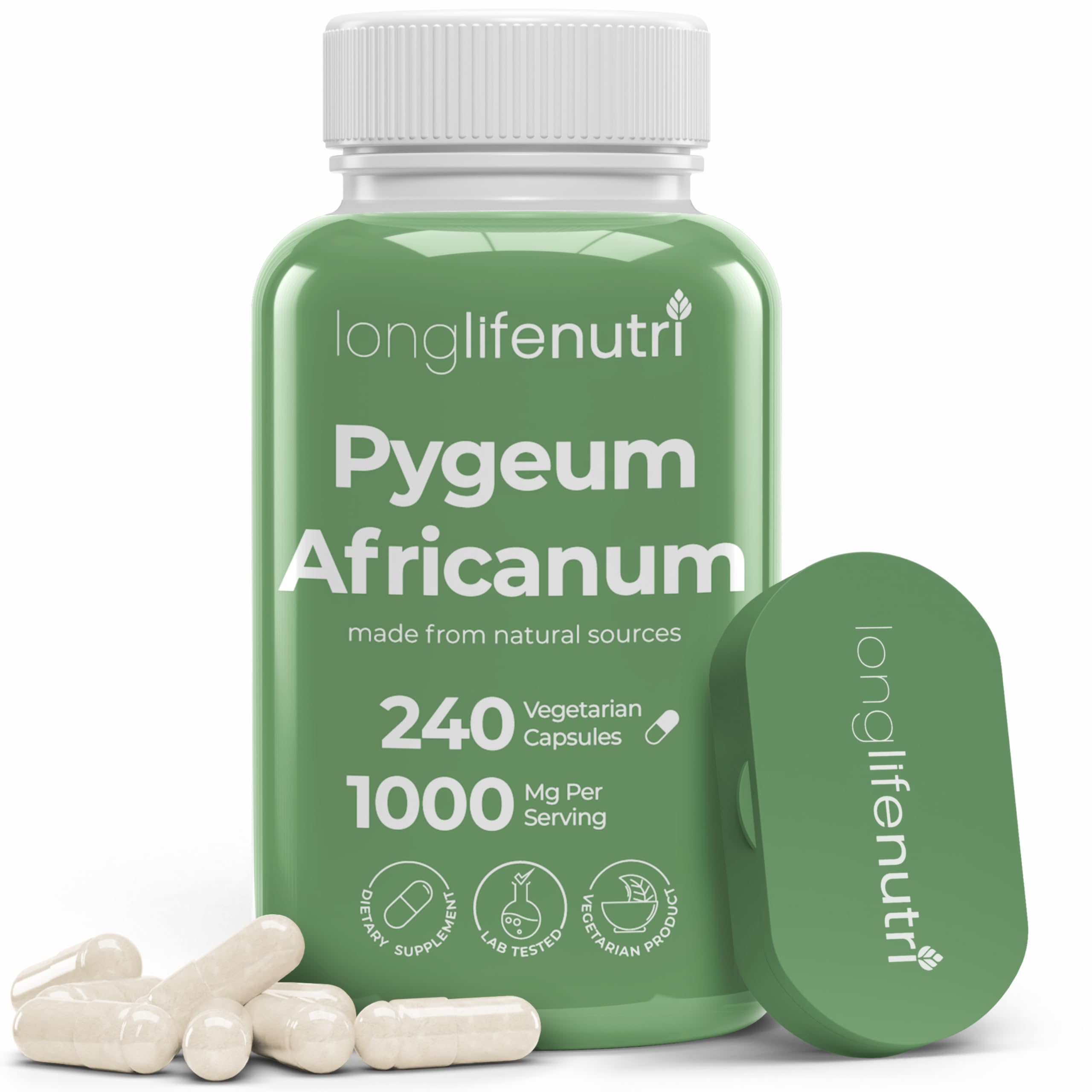 LongLifeNutri Pygeum Supplement 240 vegetarian capsules front view