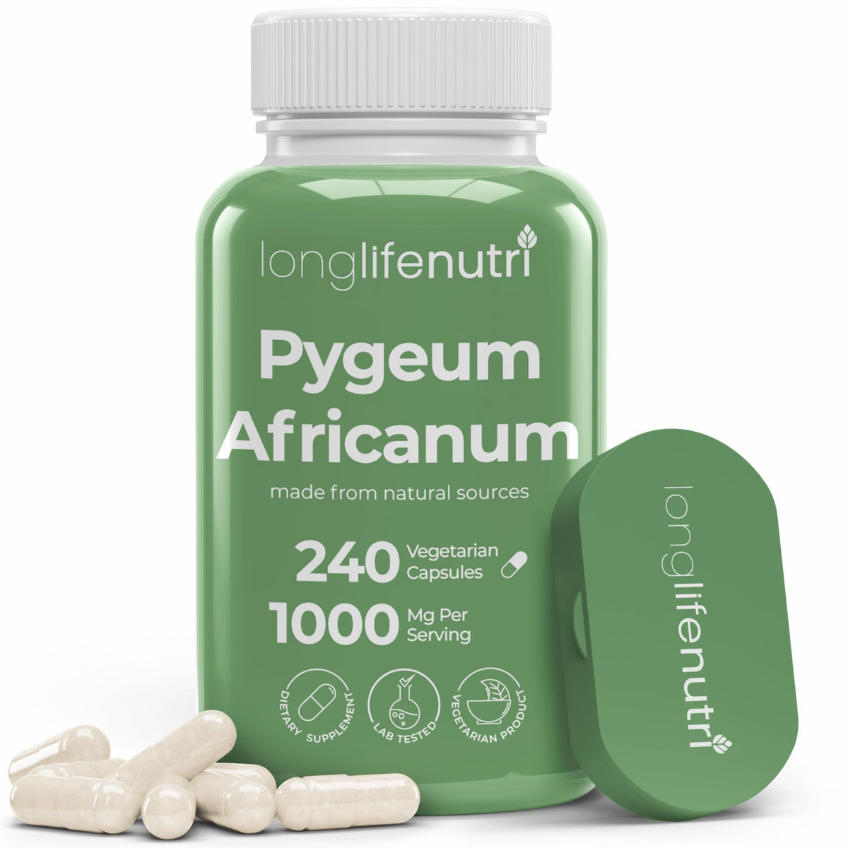 LongLifeNutri Pygeum Supplement 240 vegetarian capsules front view
