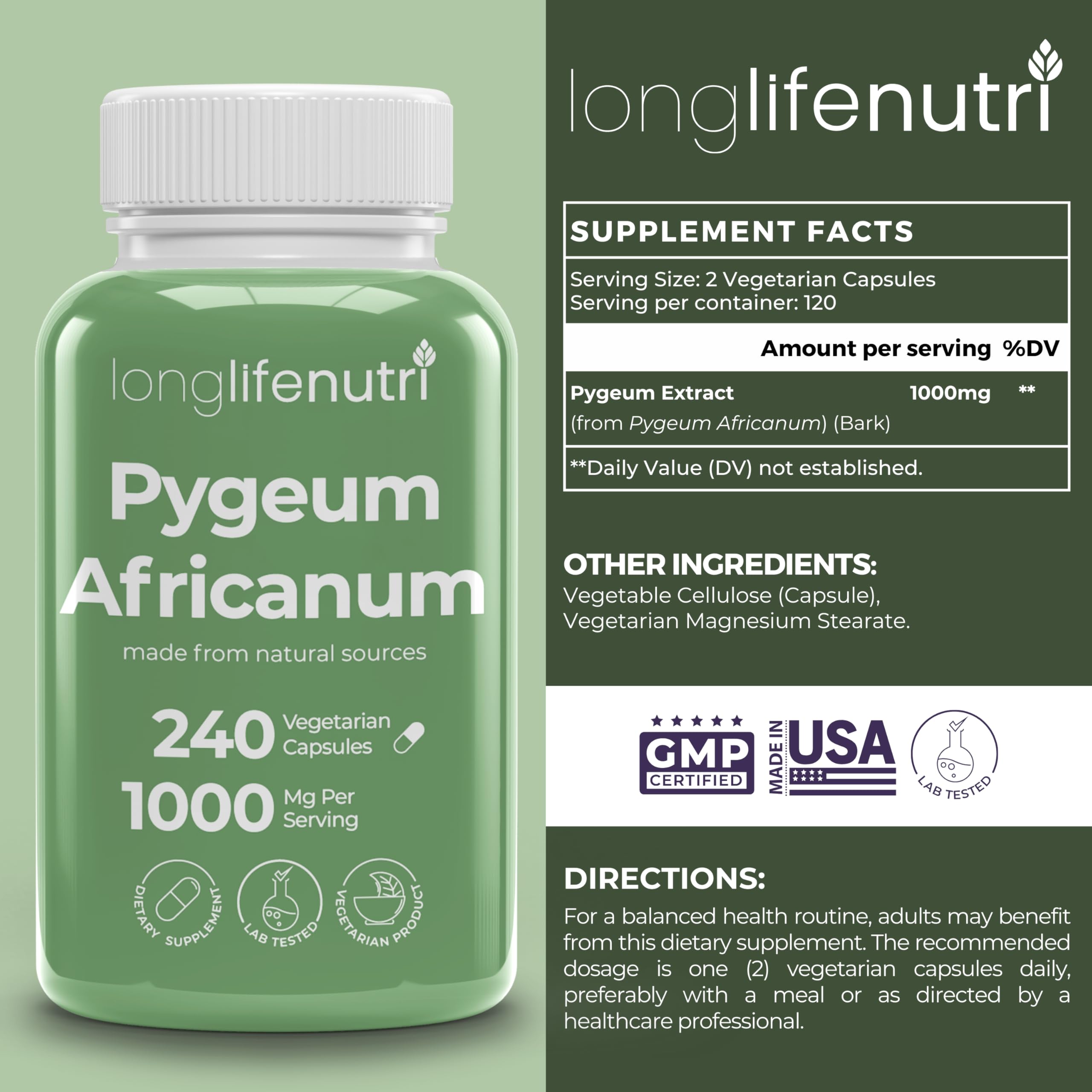 LongLifeNutri Pygeum Supplement bottle side view