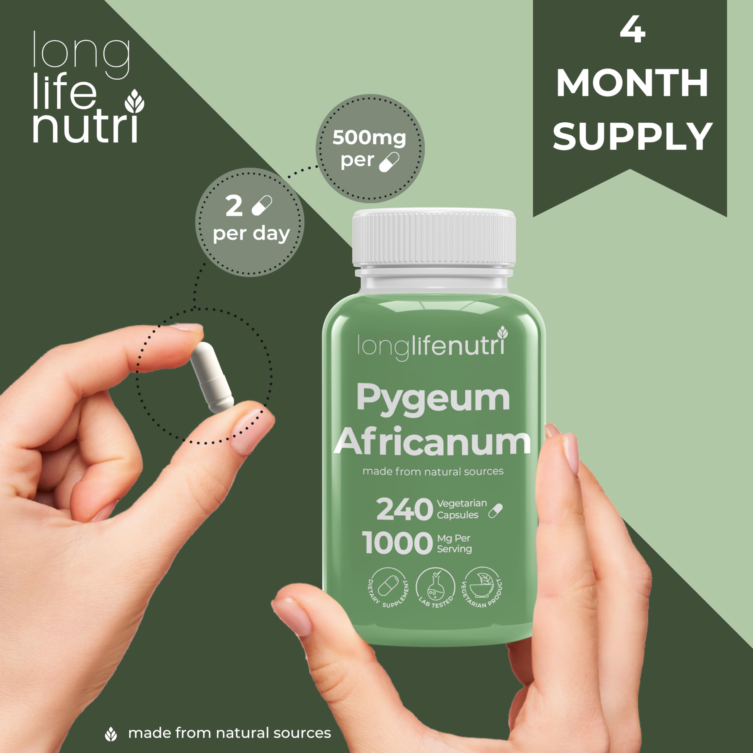 LongLifeNutri Pygeum Supplement capsules in hand