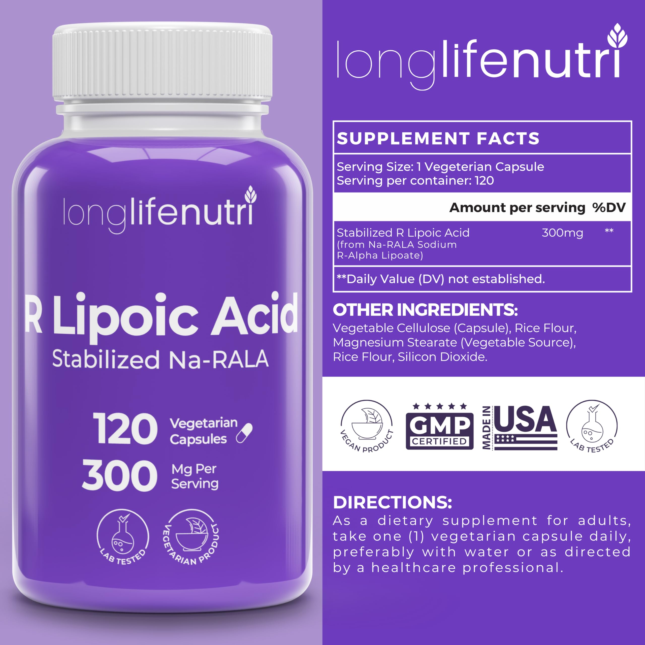 LongLifeNutri R-Alpha Lipoic Acid 300mg 120 capsules bottle side view