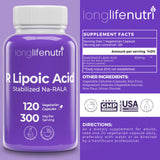 LongLifeNutri R-Alpha Lipoic Acid 300mg 120 capsules bottle side view