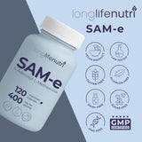 LongLifeNutri SAM-e 400mg capsules in a hand