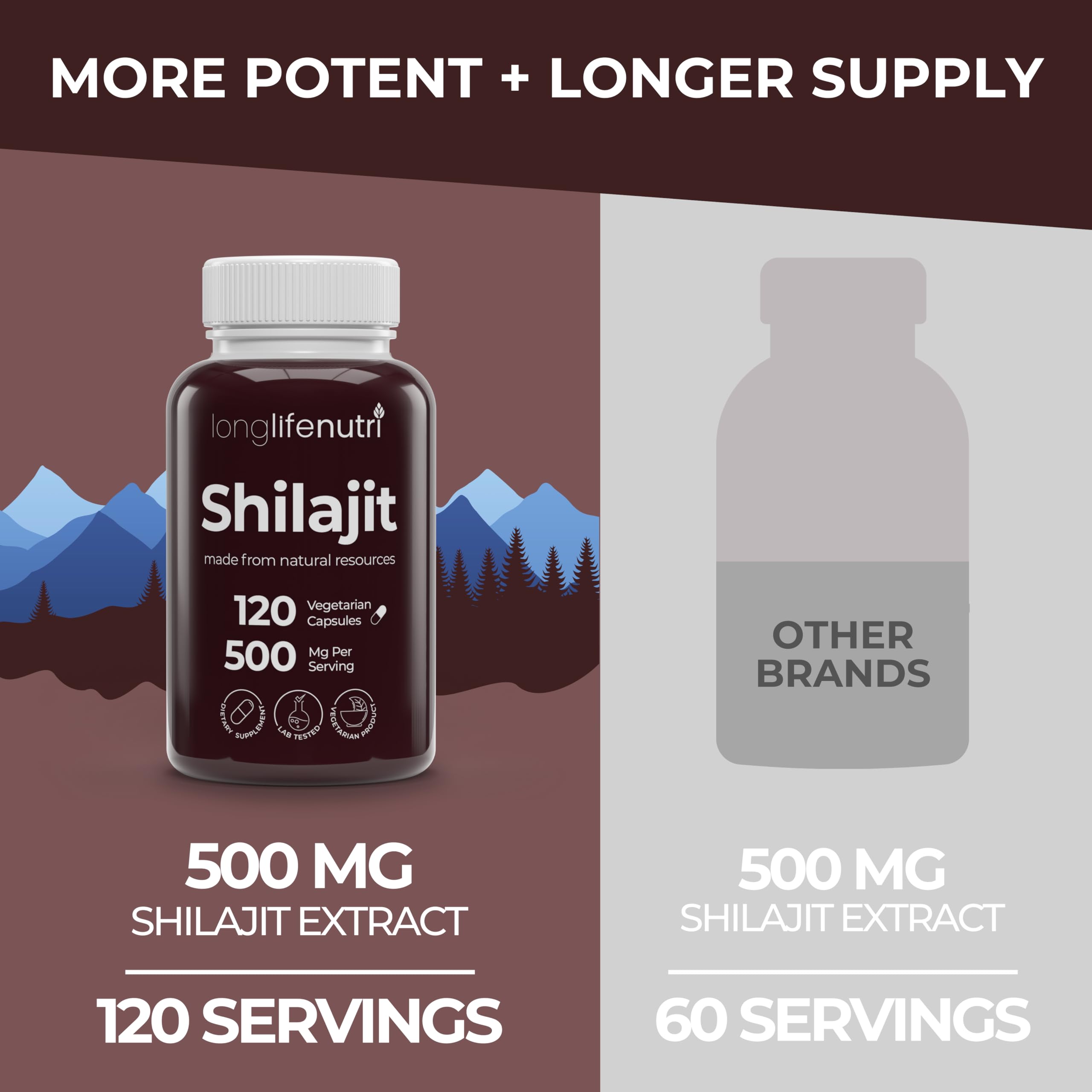 LongLifeNutri Shilajit Capsules 500mg bottle with lid
