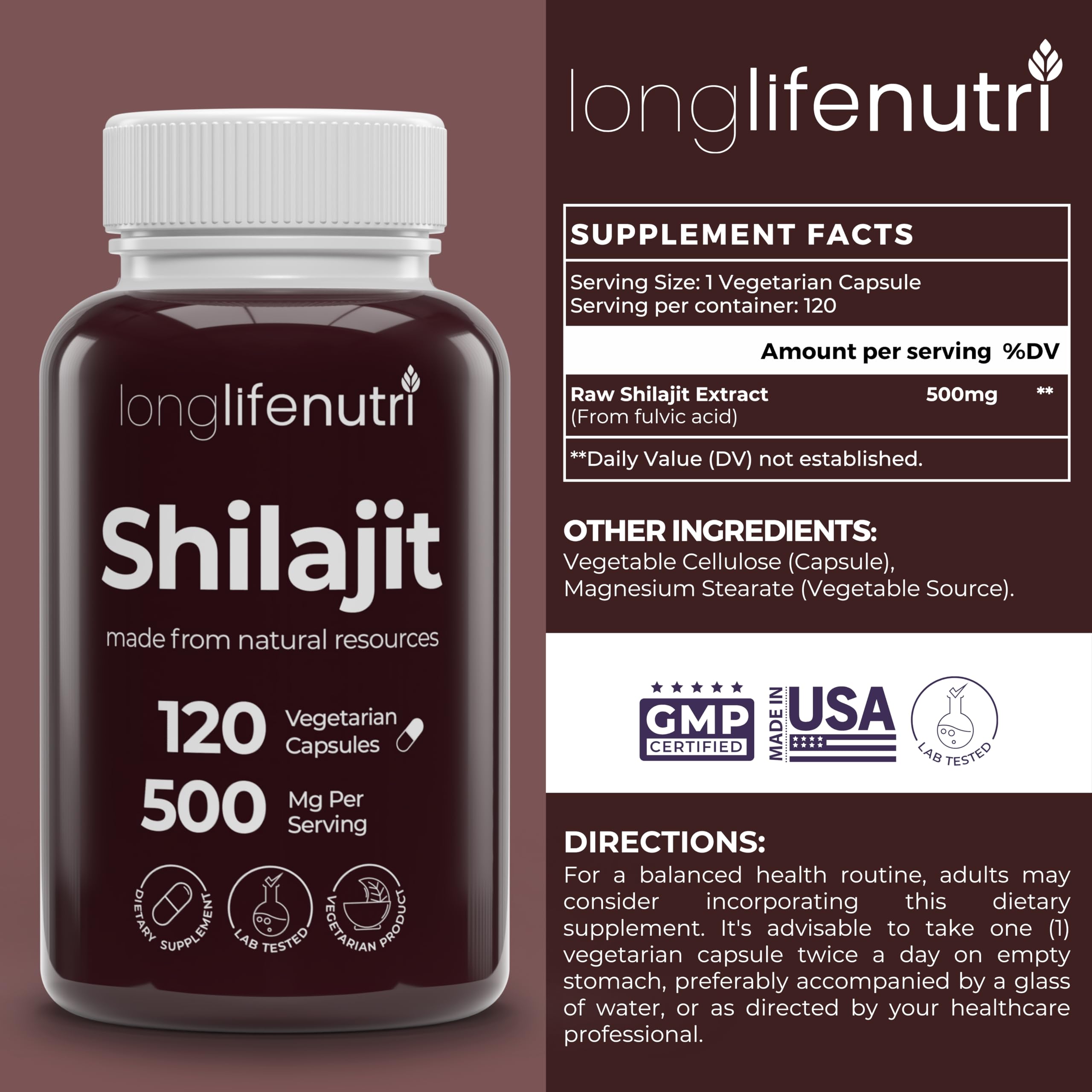 LongLifeNutri Shilajit Capsules 500mg side view