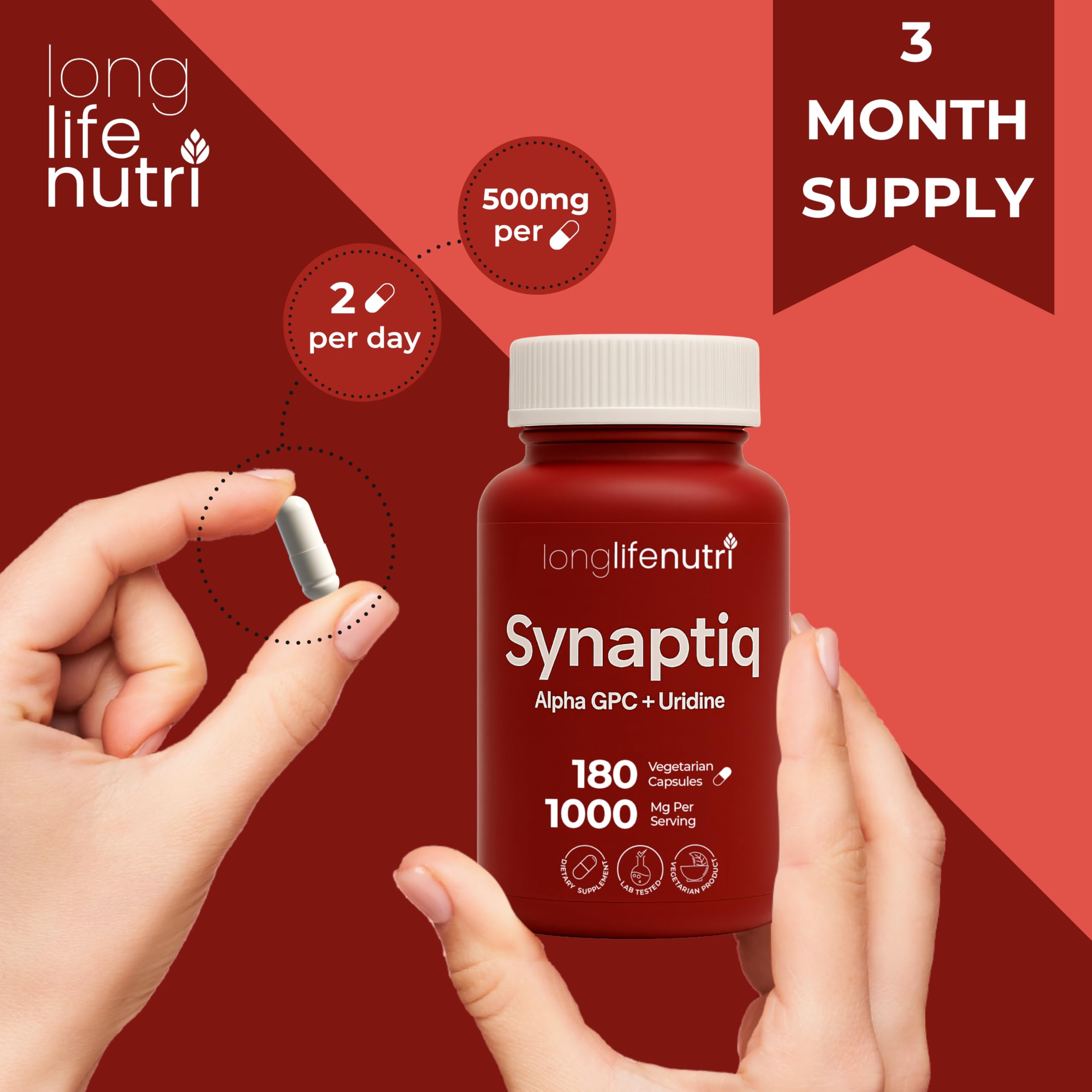 LongLifeNutri Synaptiq 1000mg Choline Supplement bottle back view