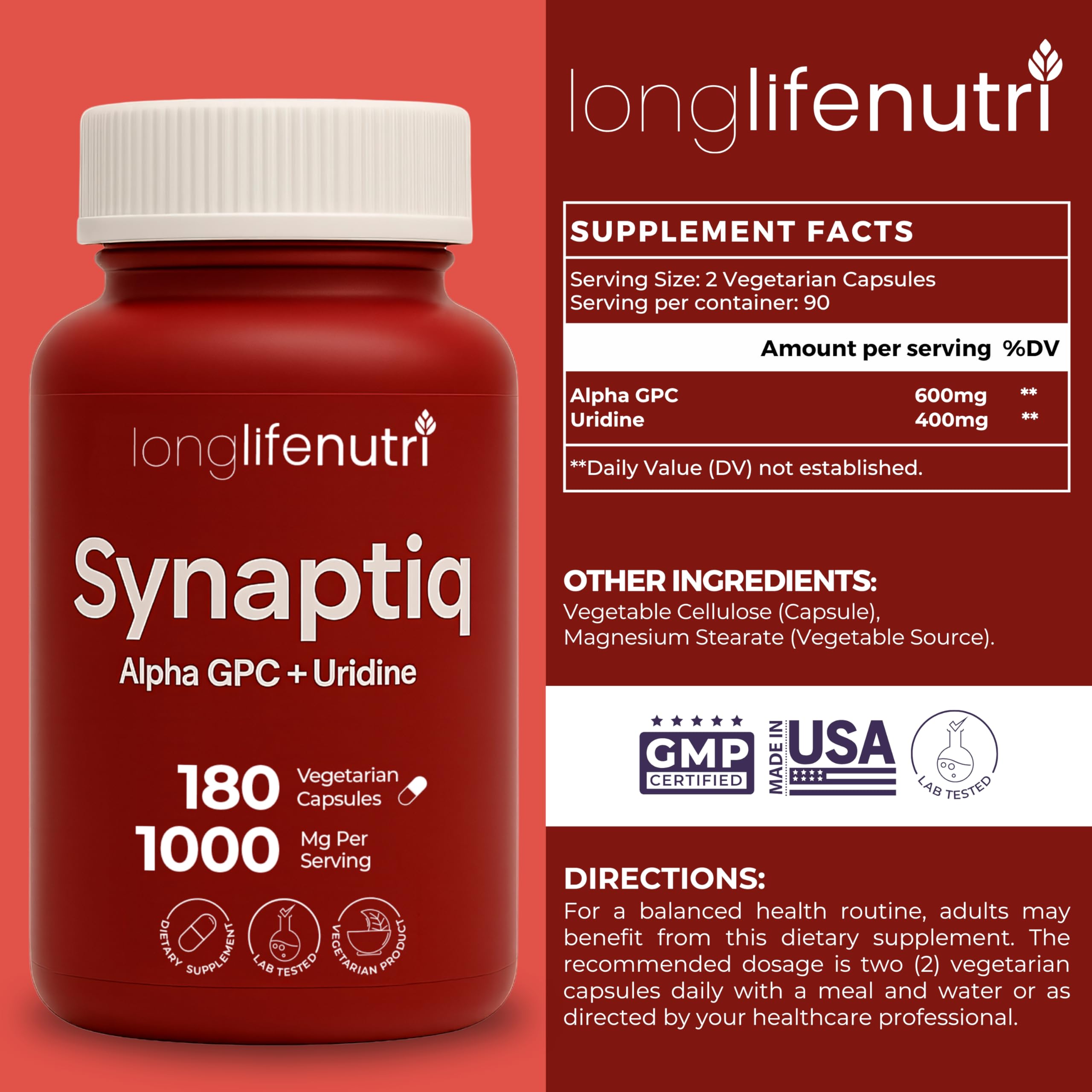 LongLifeNutri Synaptiq 1000mg Choline Supplement side view showing capsule details