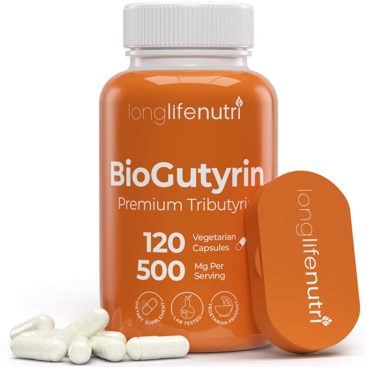 LongLifeNutri Tributyrin Capsules 500mg front view