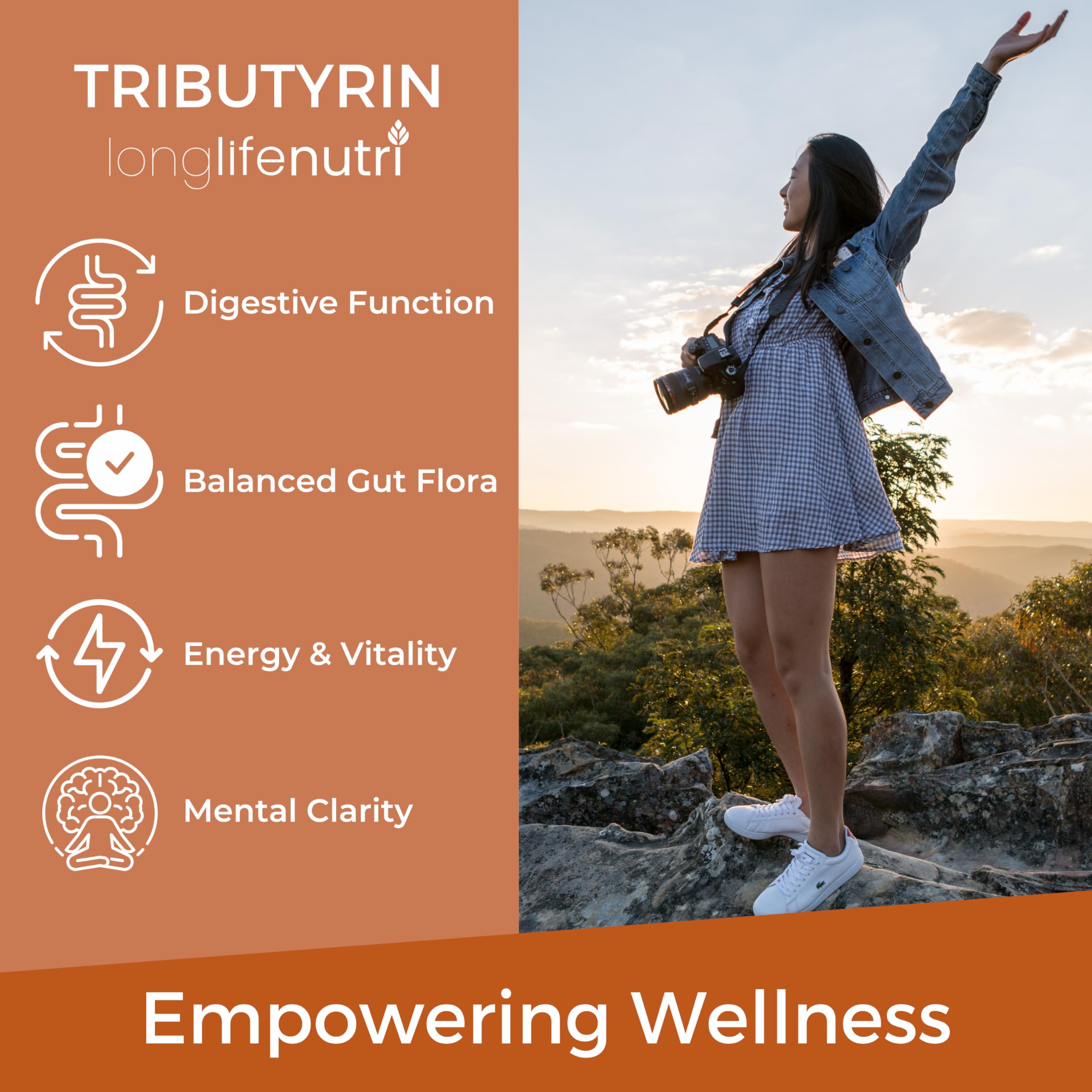 LongLifeNutri Tributyrin Capsules 500mg label close-up