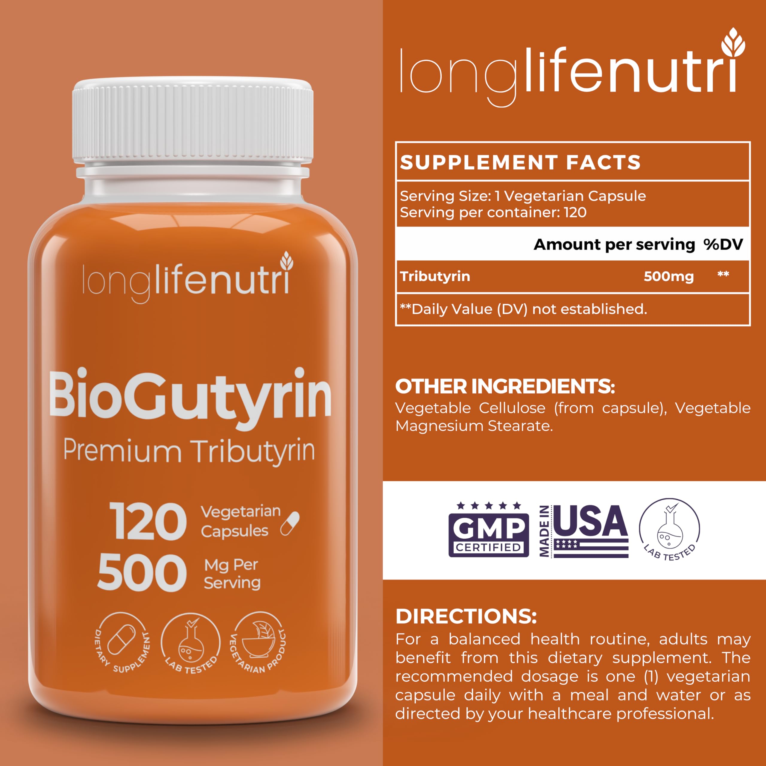 LongLifeNutri Tributyrin Capsules 500mg side view