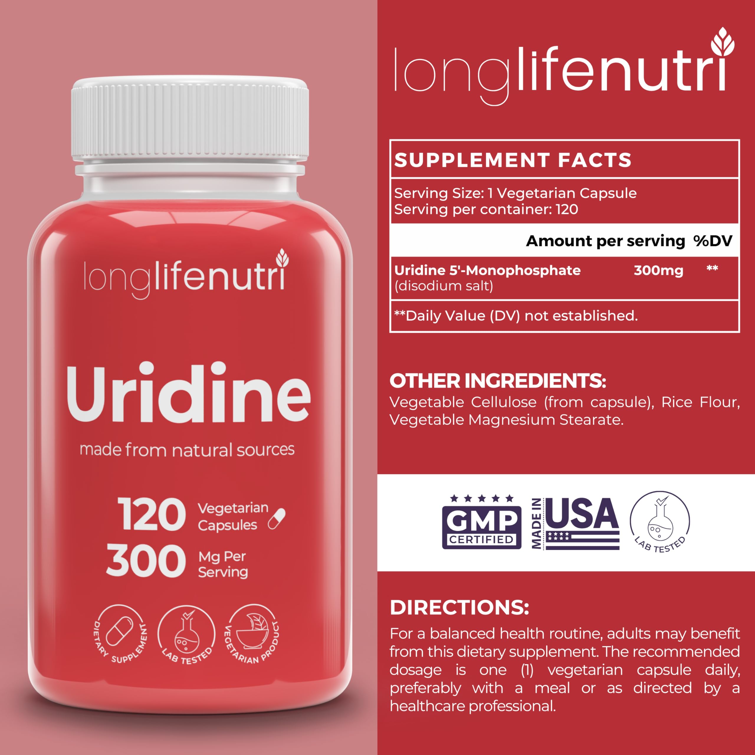 LongLifeNutri Uridine Monophosphate 300mg bottle side view