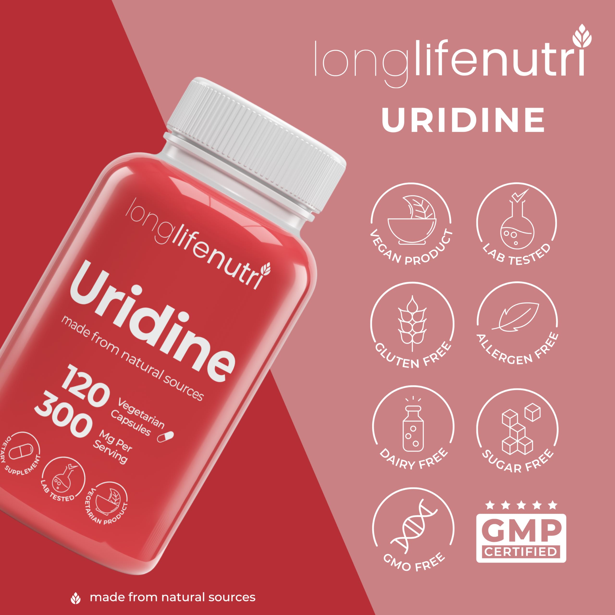 LongLifeNutri Uridine Monophosphate 300mg bottle with capsules