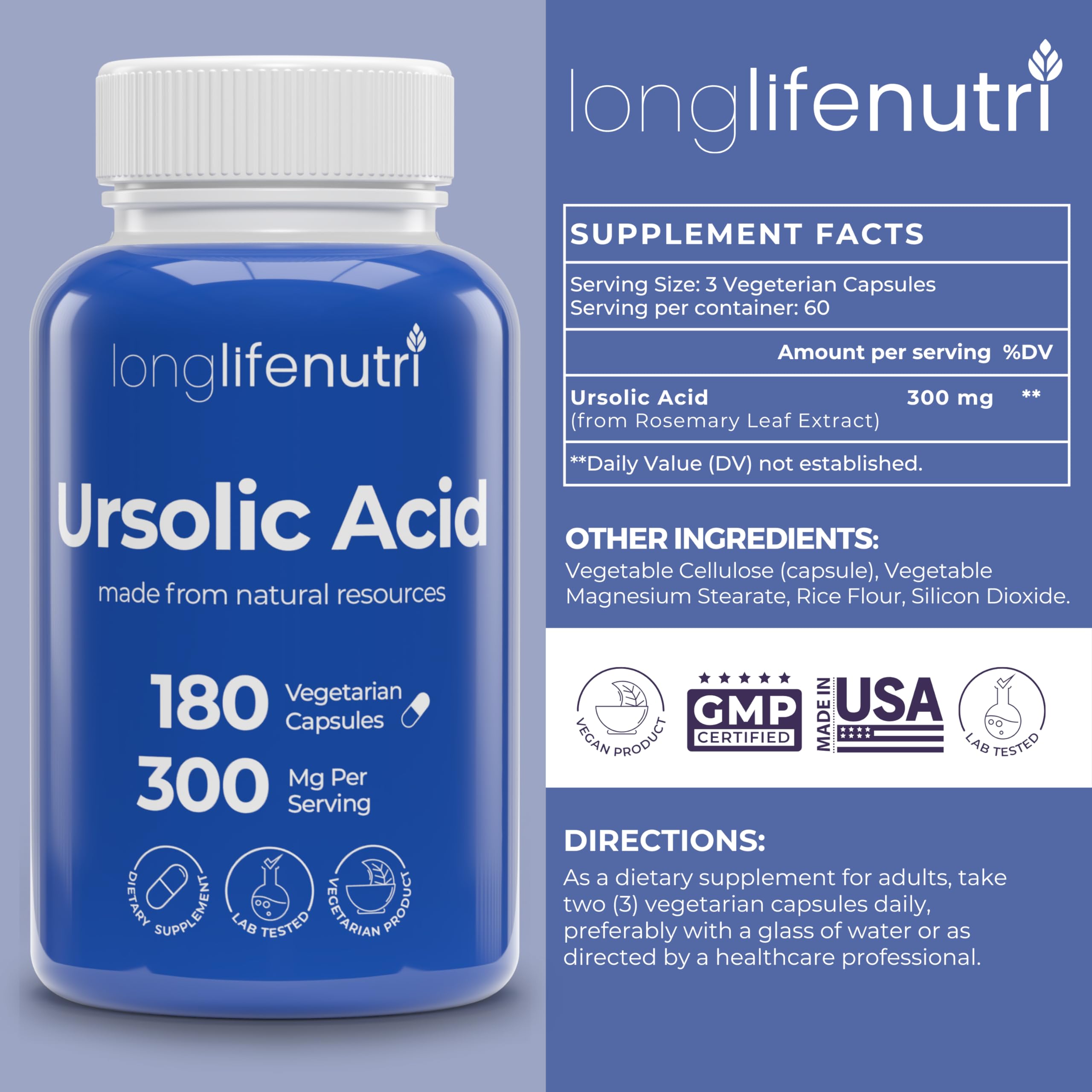 LongLifeNutri Ursolic Acid bottle side view