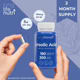 LongLifeNutri Ursolic Acid capsules on a wooden surface