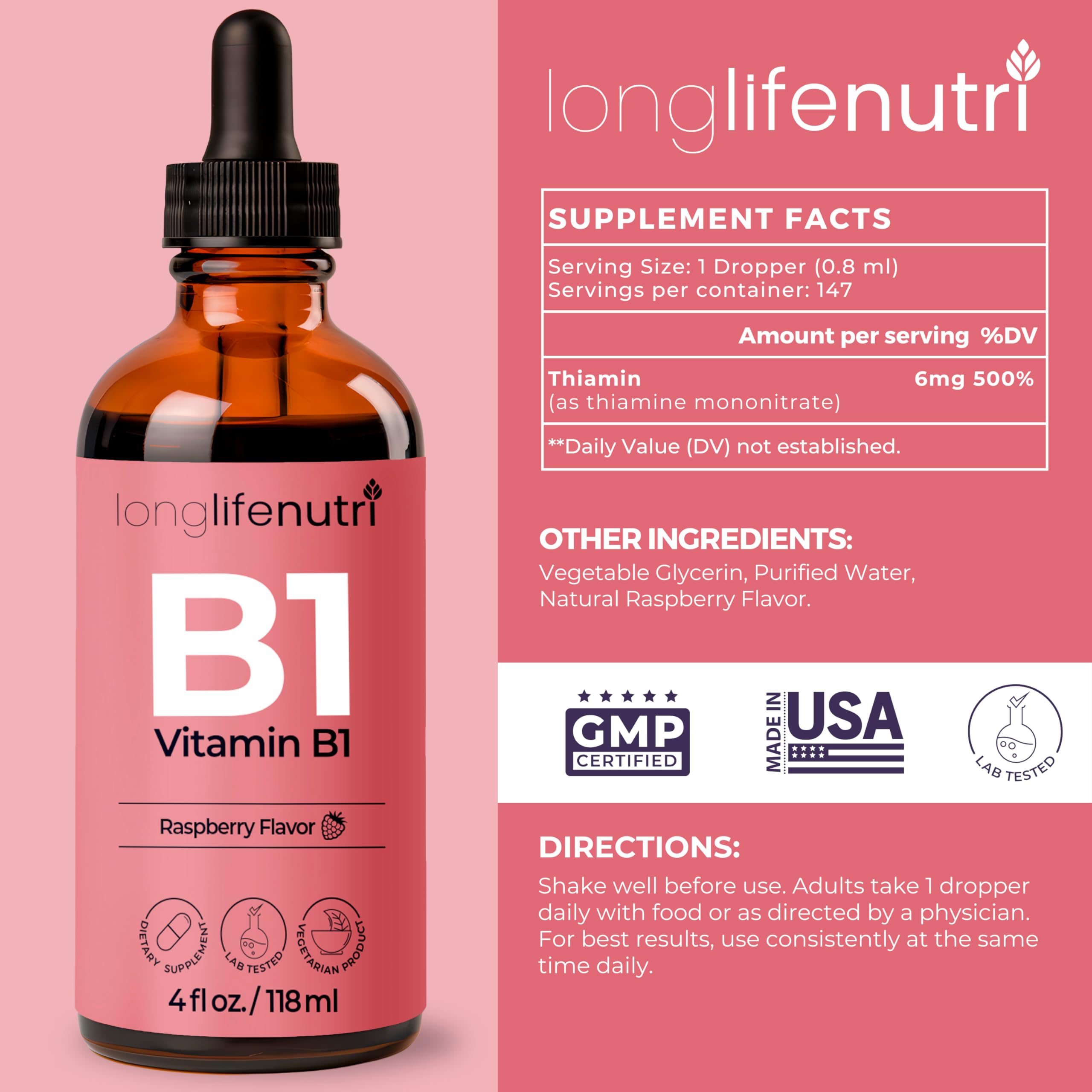 LongLifeNutri Vitamin B1 liquid drops bottle side view