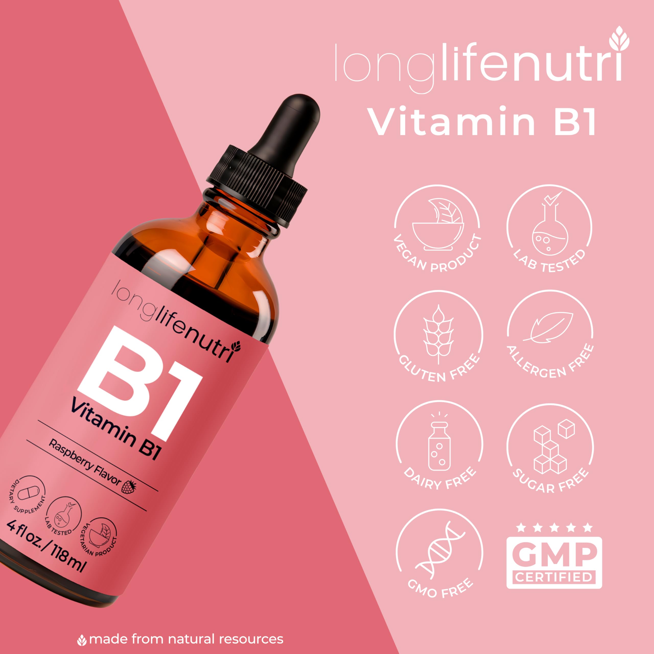 LongLifeNutri Vitamin B1 liquid drops on a wooden table