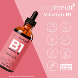 LongLifeNutri Vitamin B1 liquid drops on a wooden table