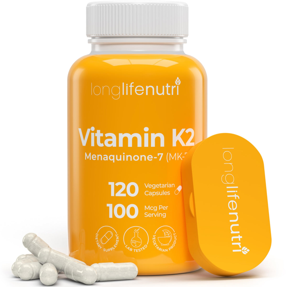 LongLifeNutri Vitamin K2 MK-7 100mcg capsules front view
