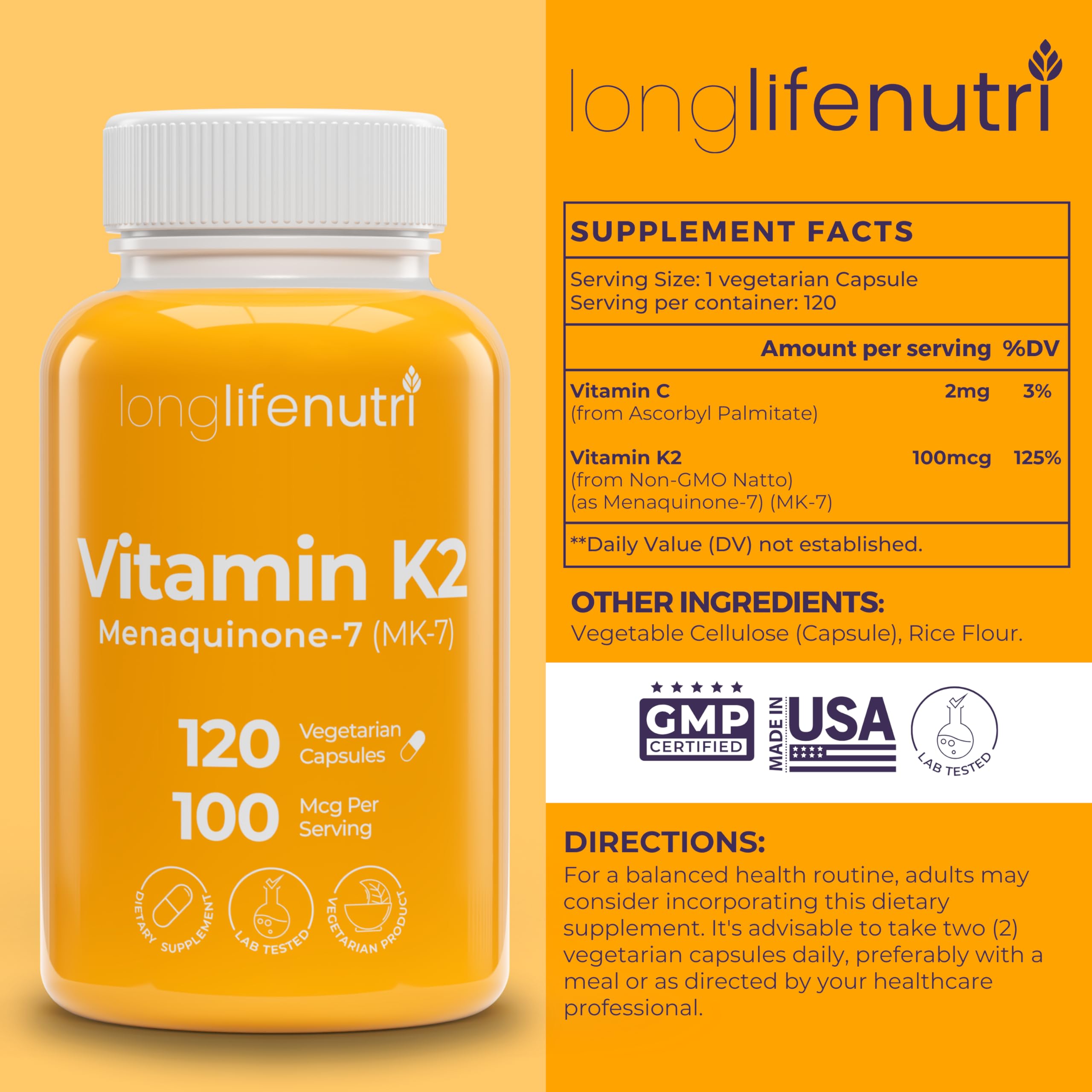 LongLifeNutri Vitamin K2 MK-7 120 capsule bottle side view