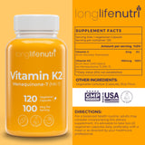 LongLifeNutri Vitamin K2 MK-7 120 capsule bottle side view