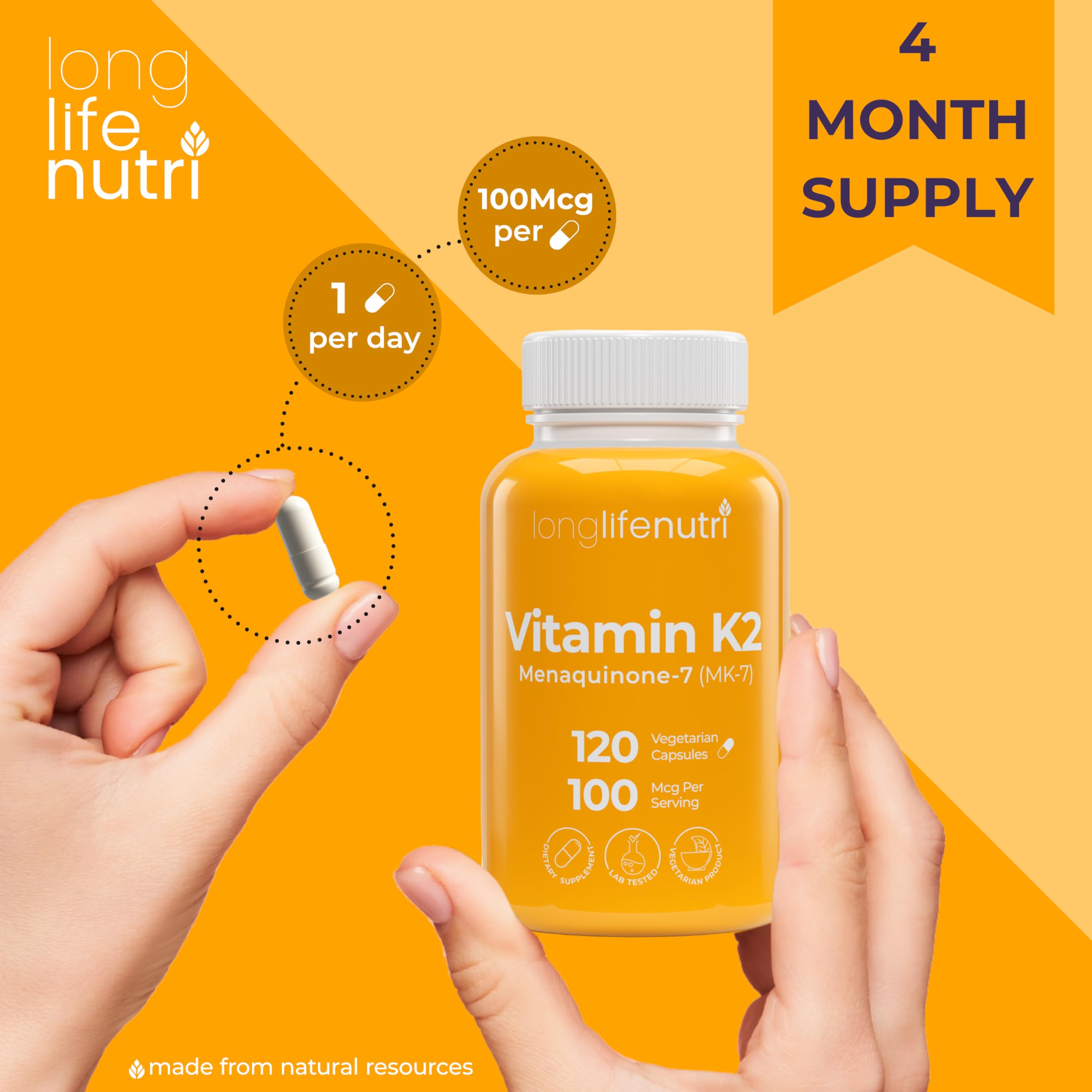 LongLifeNutri Vitamin K2 MK-7 capsules on a wooden table