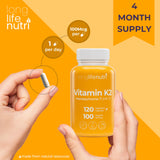LongLifeNutri Vitamin K2 MK-7 capsules on a wooden table