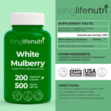 LongLifeNutri White Mulberry Leaf Extract 200 vegetarian capsules side view