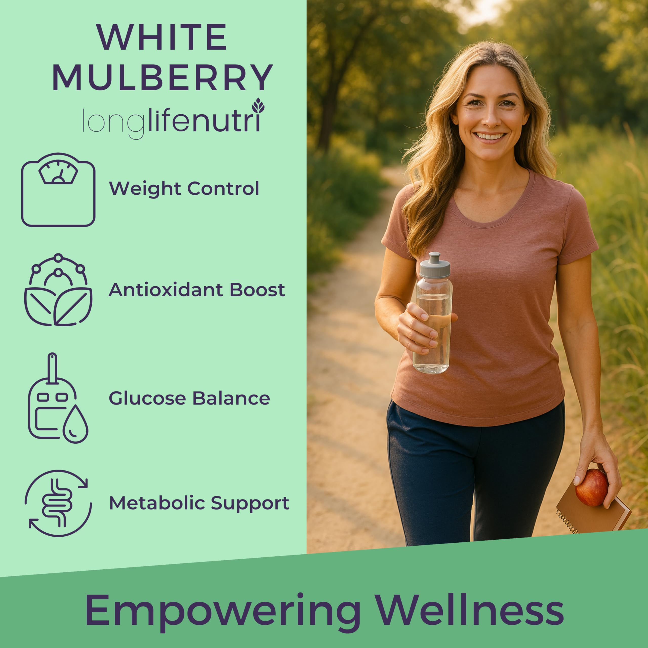 LongLifeNutri White Mulberry Leaf Extract capsules on a wooden table