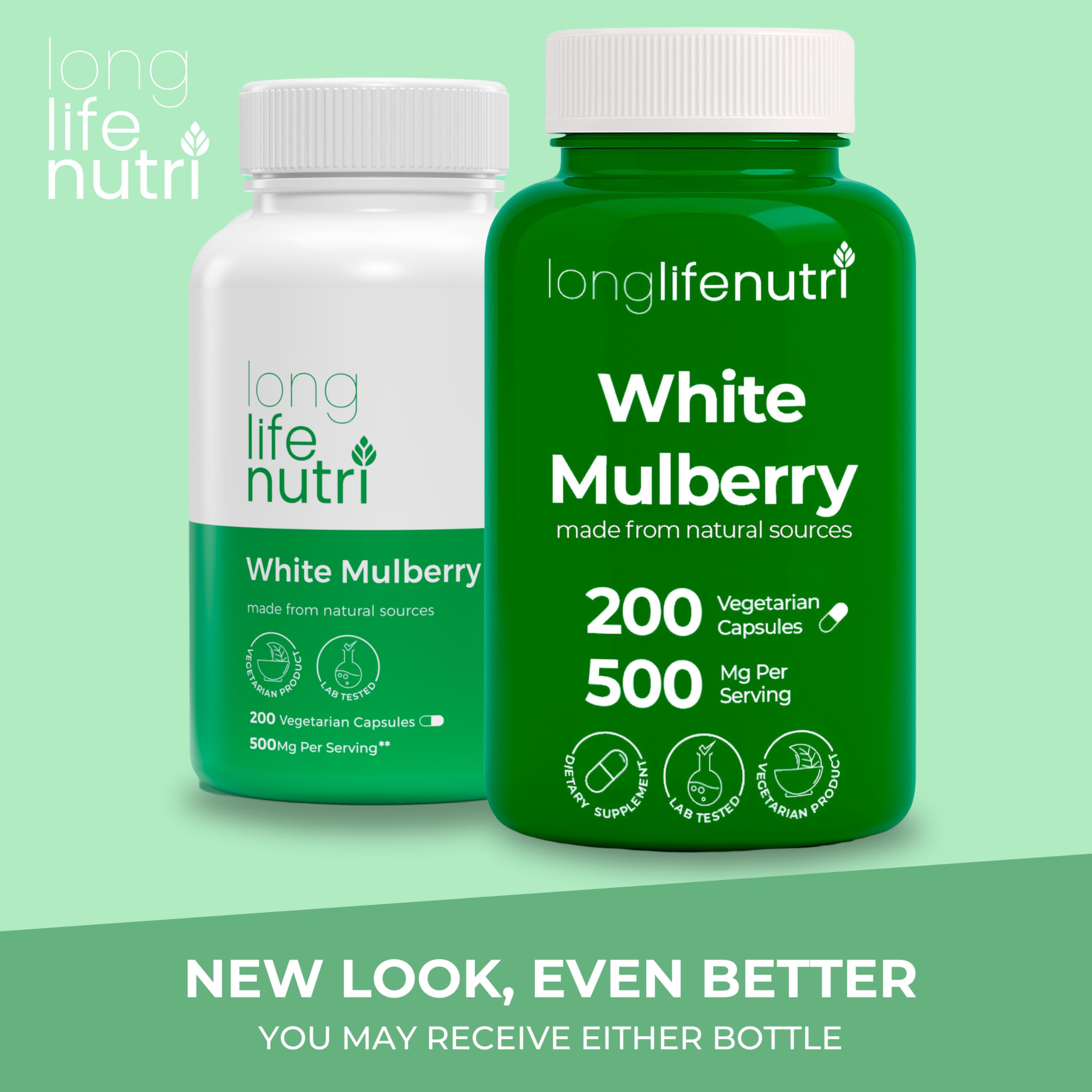 LongLifeNutri White Mulberry Leaf Extract capsules with green leaves