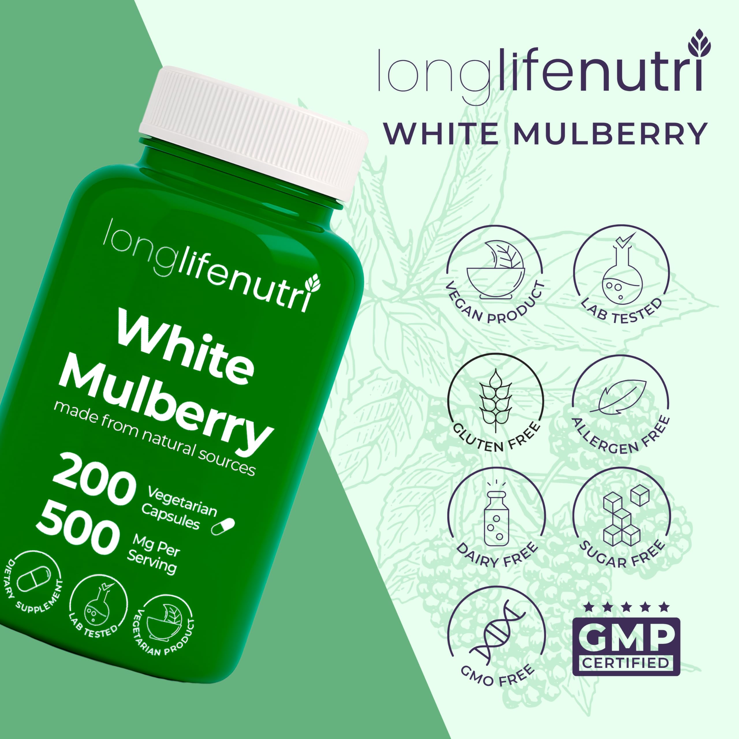 LongLifeNutri White Mulberry Leaf Extract ingredients list on packaging
