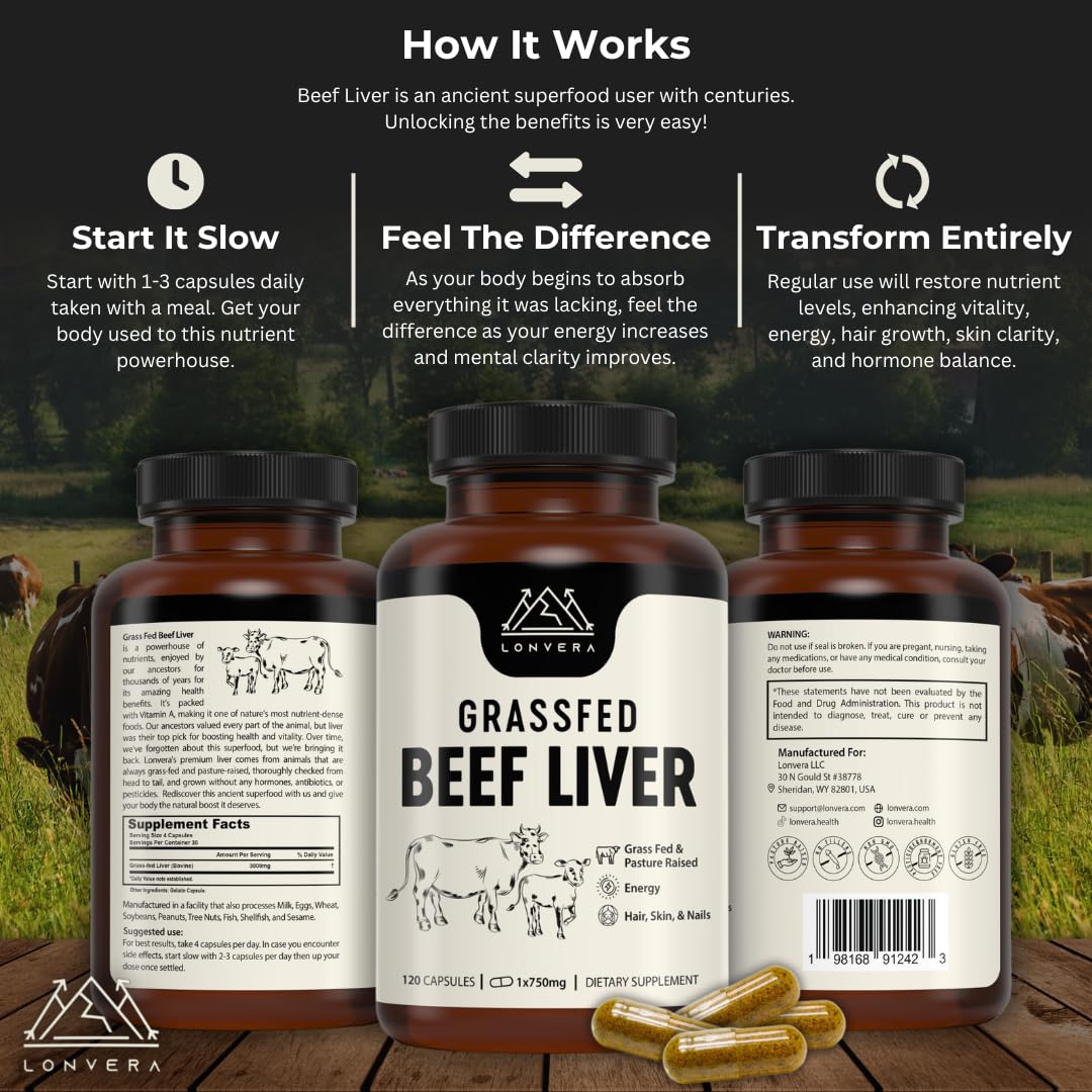 Lonvera Grass Fed Beef Liver Capsules back view with ingredient list