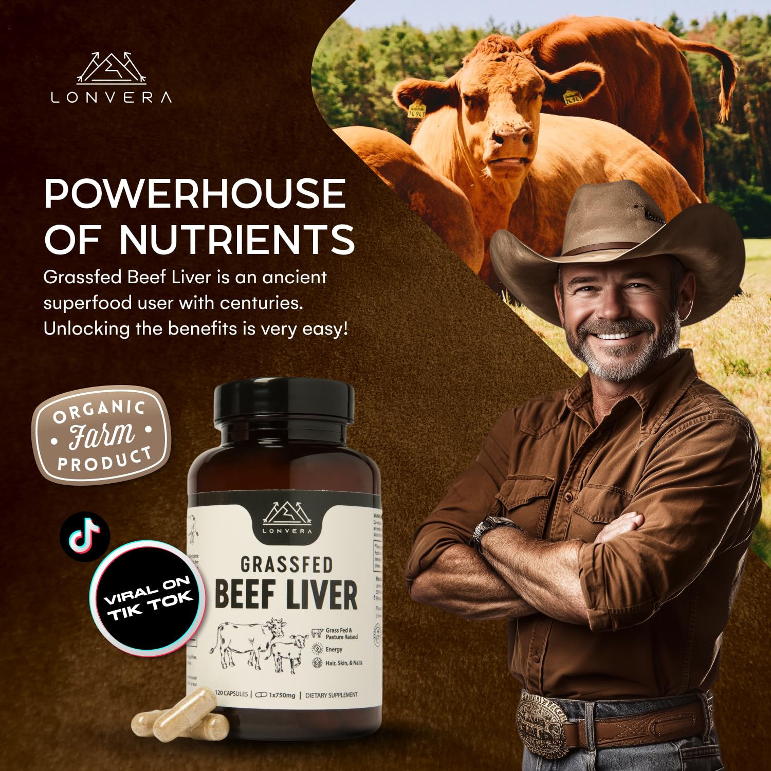 Lonvera Grass Fed Beef Liver Capsules on a wooden table