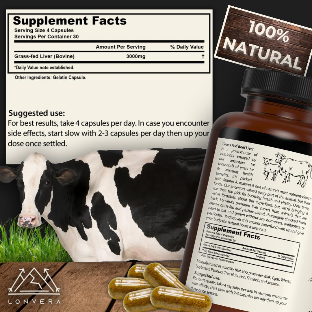 Lonvera Grass Fed Beef Liver Capsules open bottle showing capsules