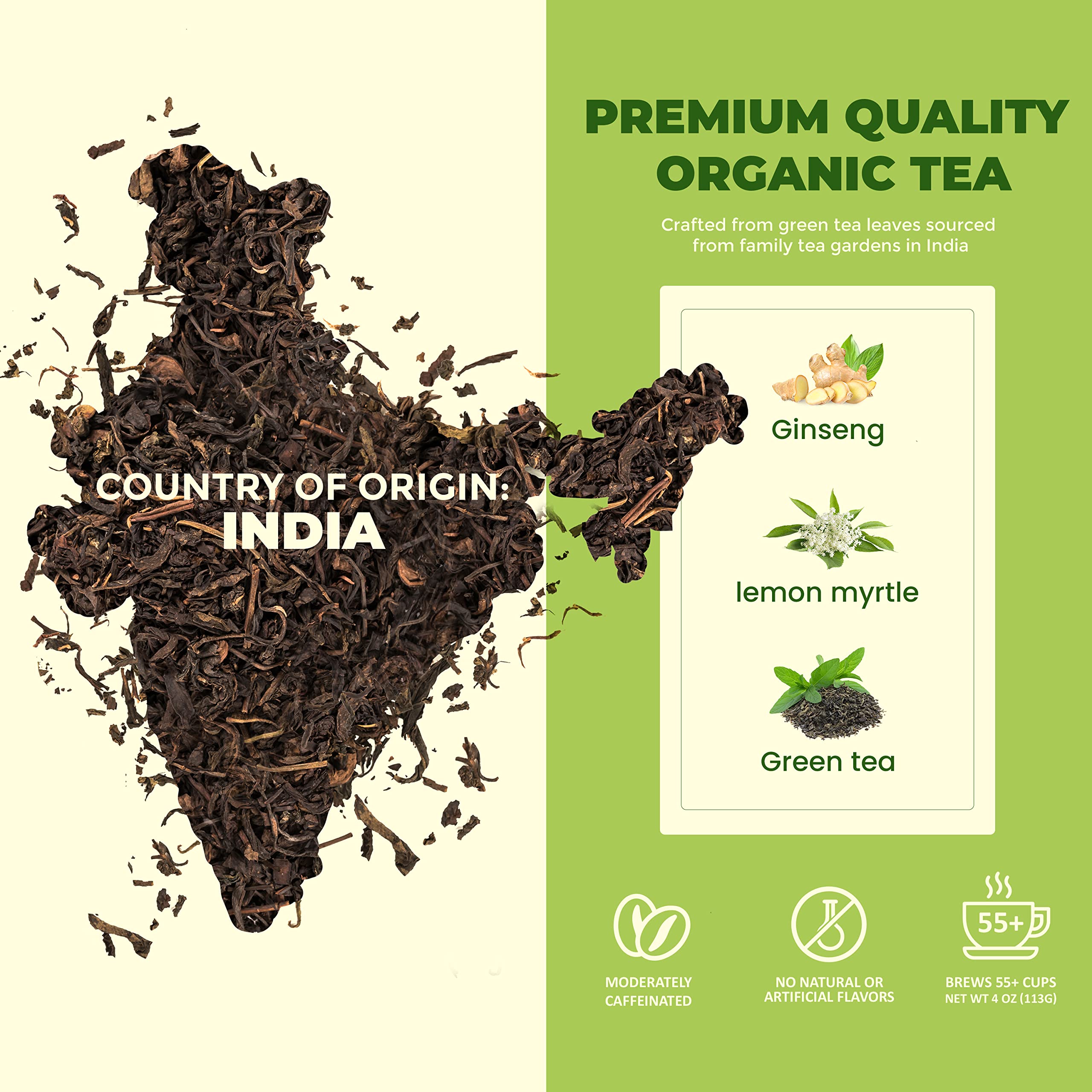Loose leaf Gardenika Organic Green Tea displayed on a wooden table