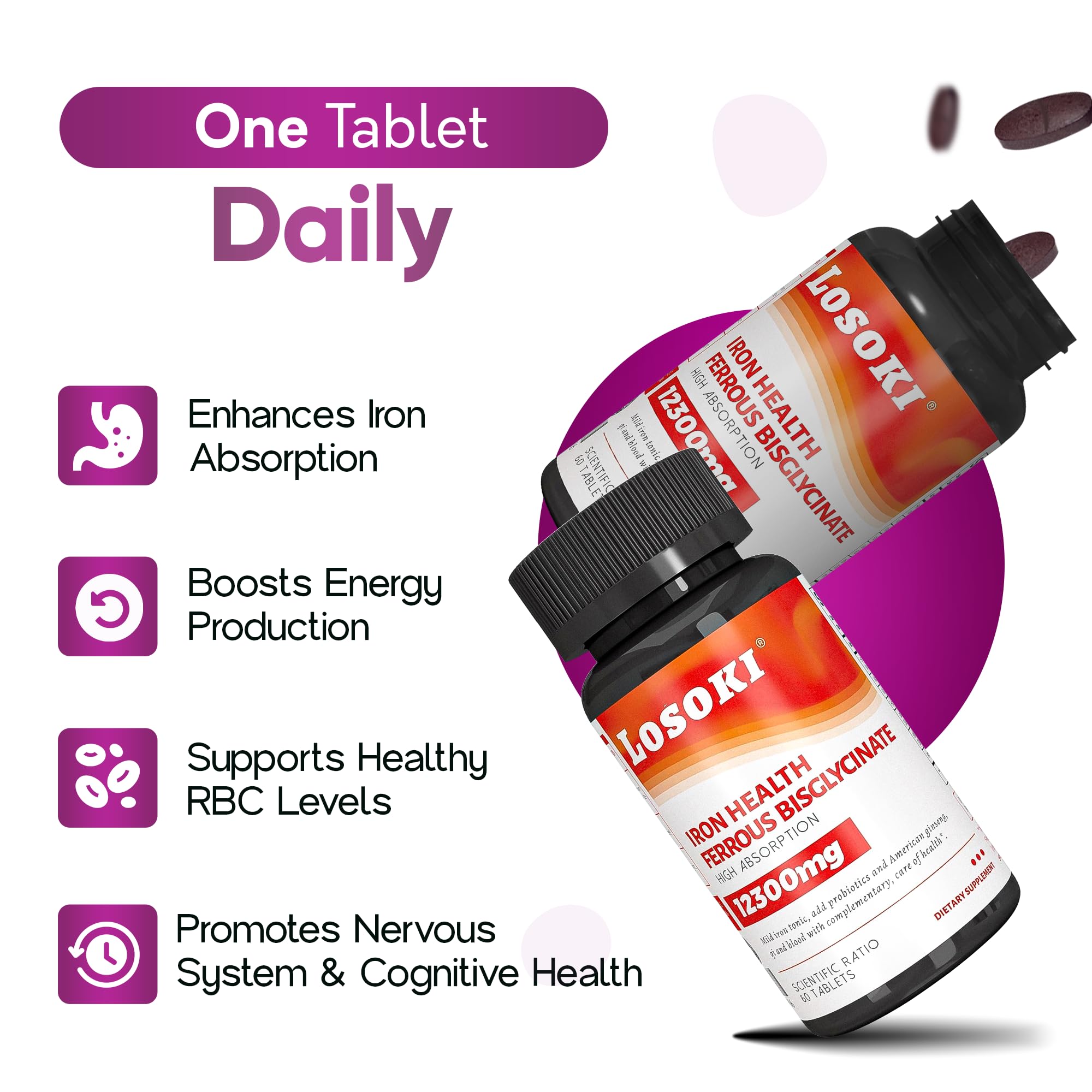 Losoki Iron Supplement capsules on a wooden surface