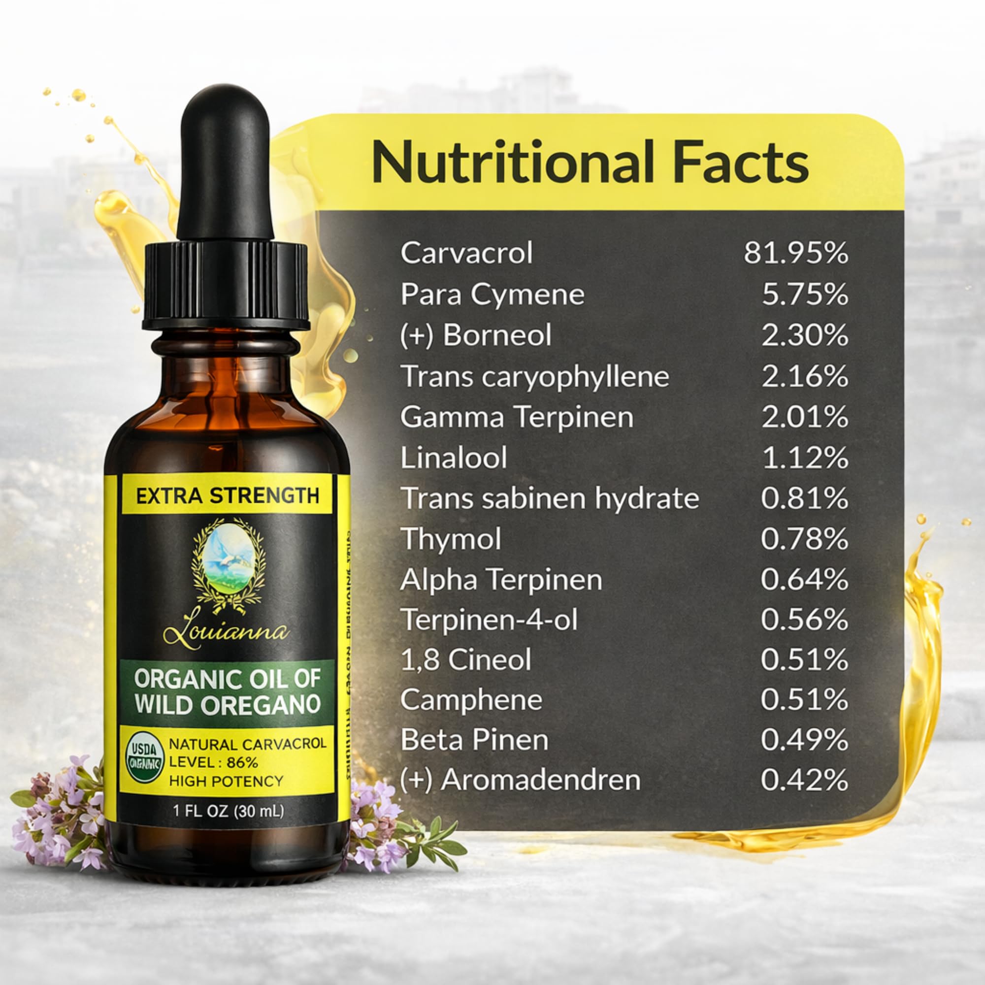 Louianna Oregano Oil 100% Pure bottle side view