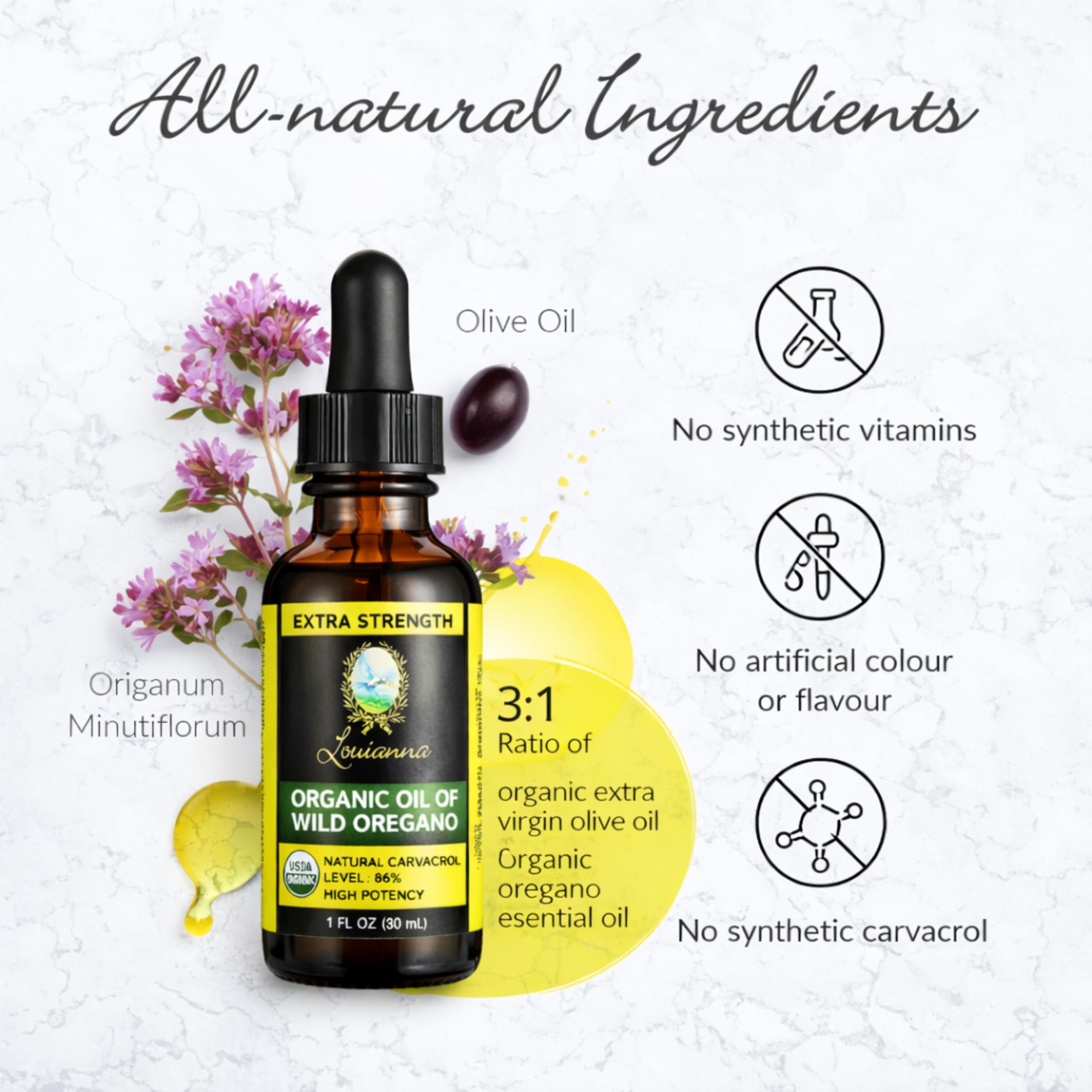 Louianna Oregano Oil 100% Pure dropper close-up