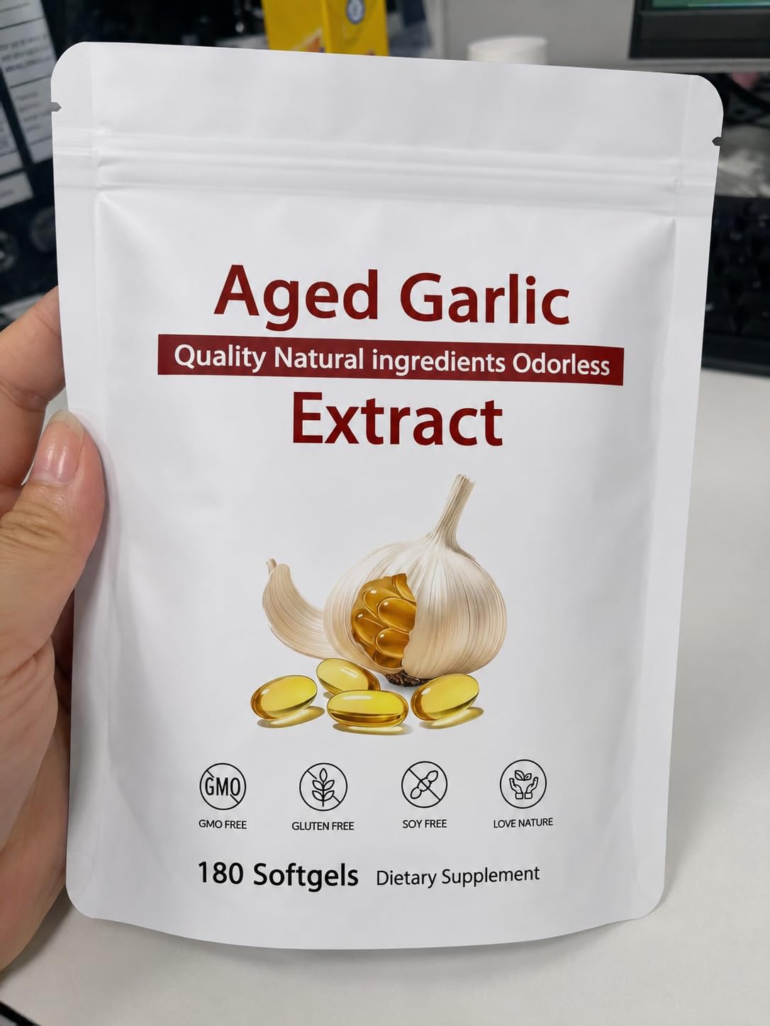 Louma Aged Garlic Softgel Capsules side view showing label