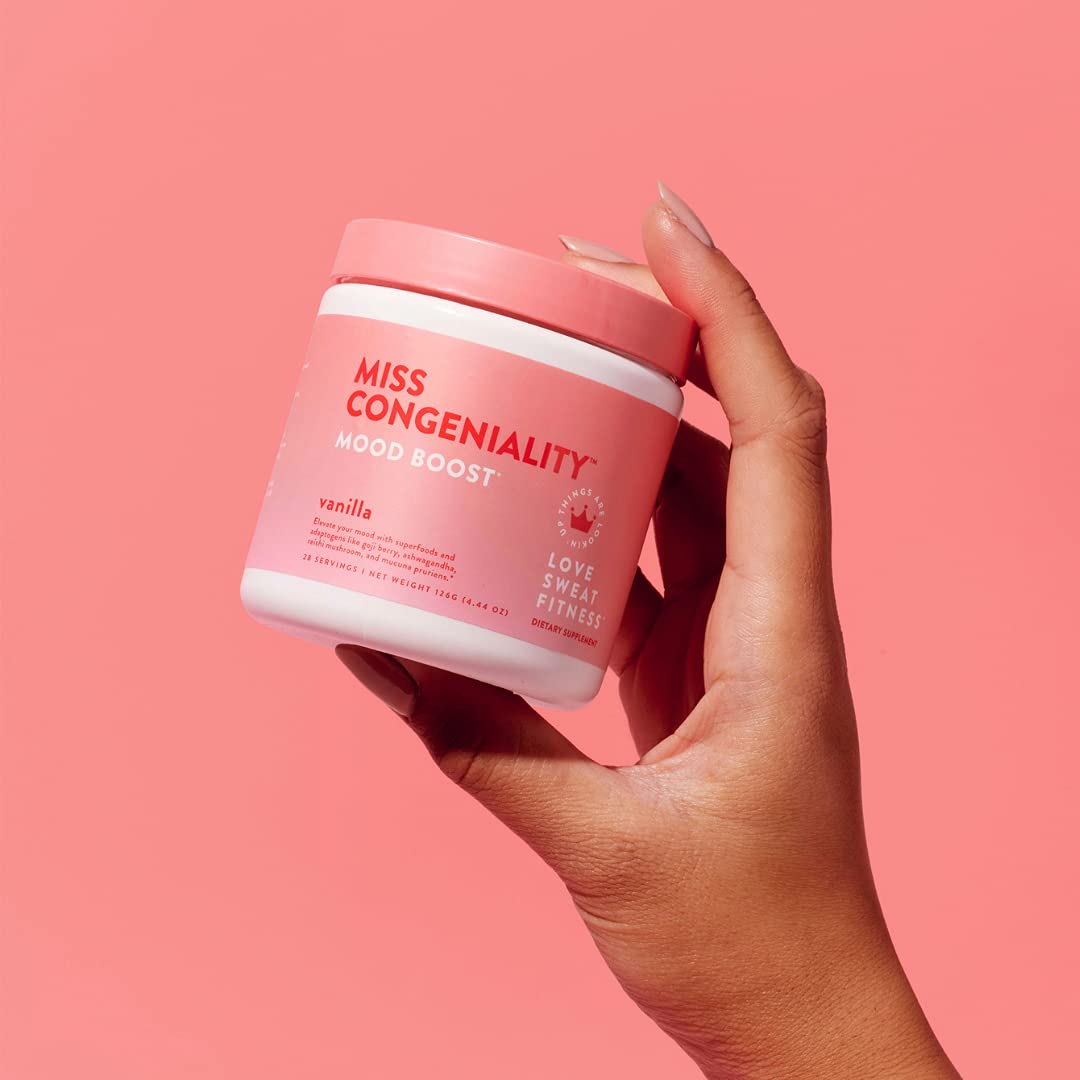 Love Sweat Fitness Miss Congeniality Adaptogen Powder on a kitchen counter