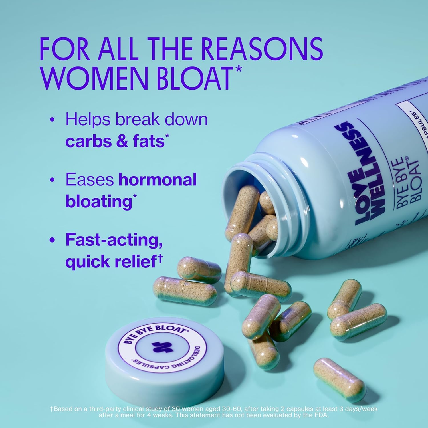 Love Wellness Bye Bye capsules on a table