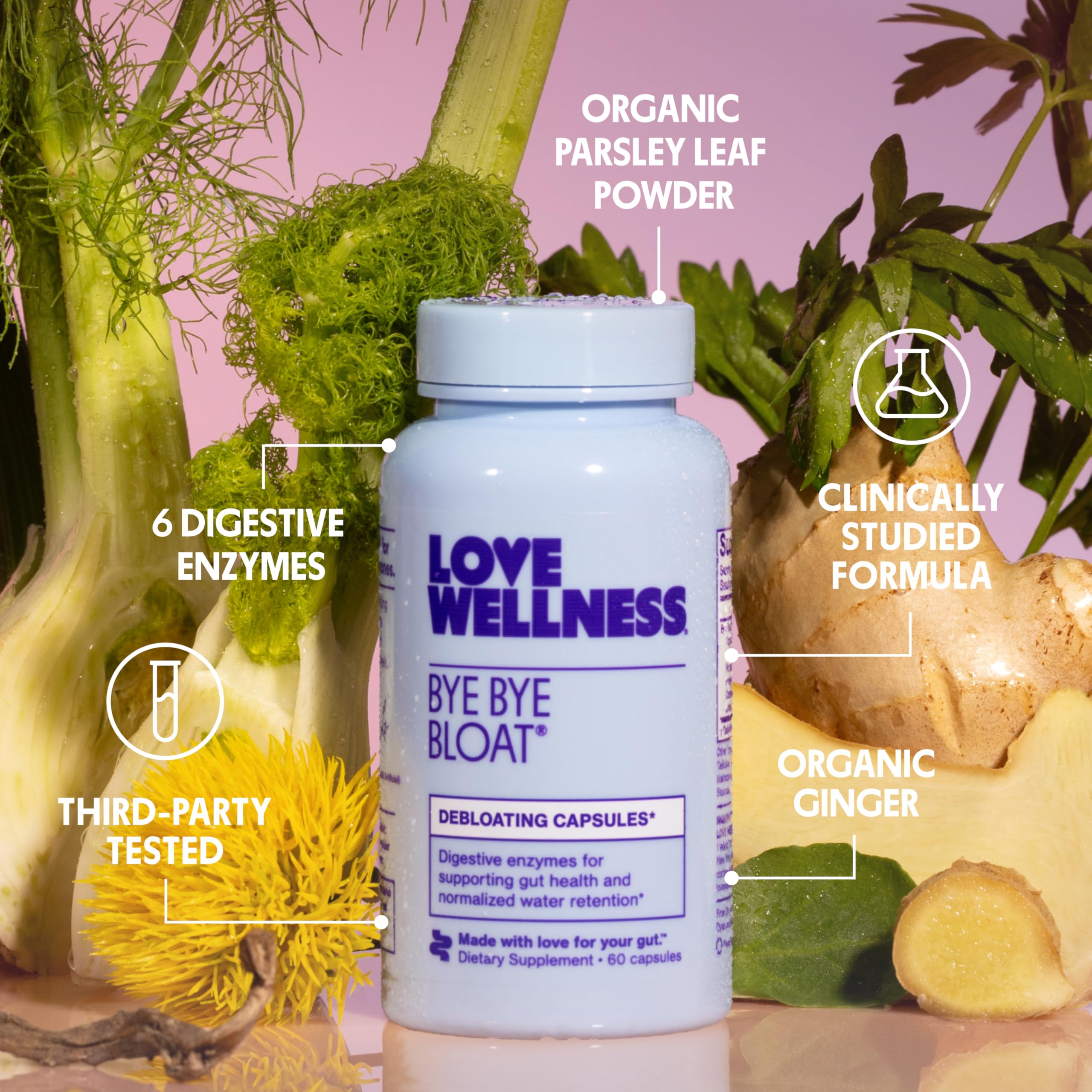 Love Wellness Bye Bye Multi-Enzymes capsules close-up