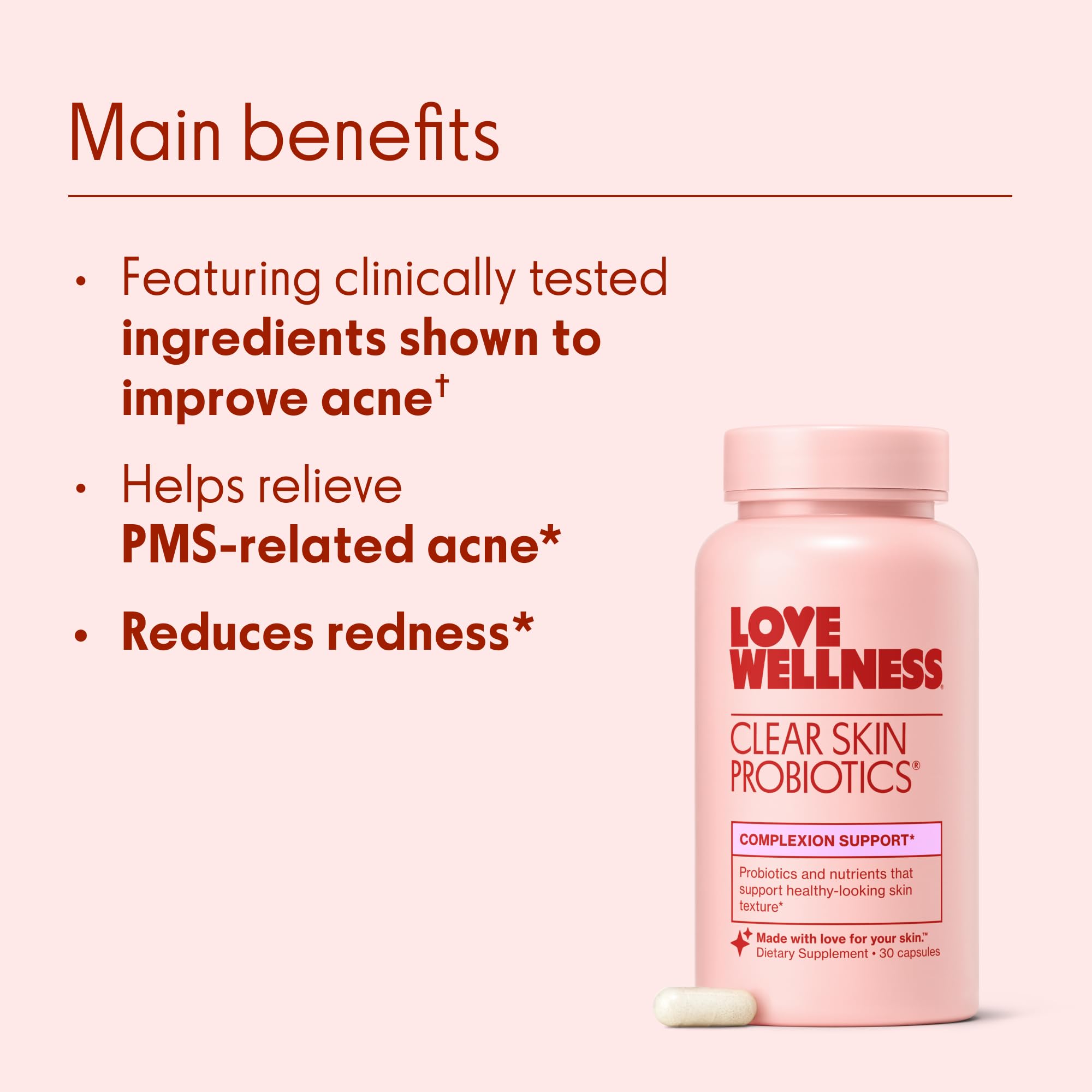 Love Wellness Clear Skin Probiotics 30 Capsules with packaging
