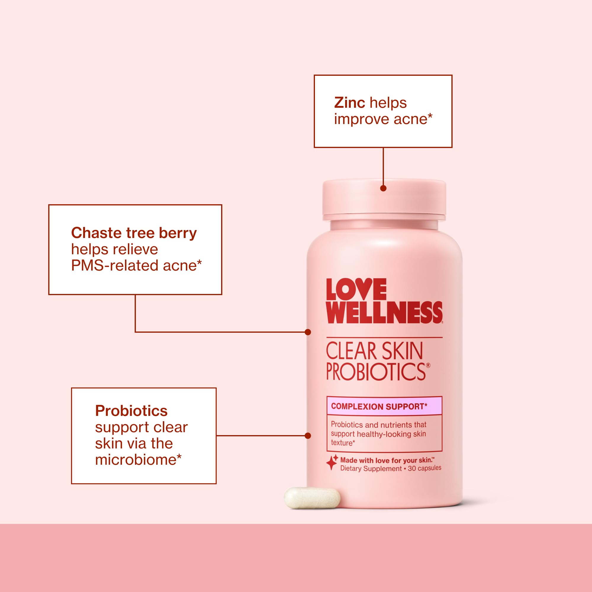 Love Wellness Clear Skin Probiotics capsule close-up