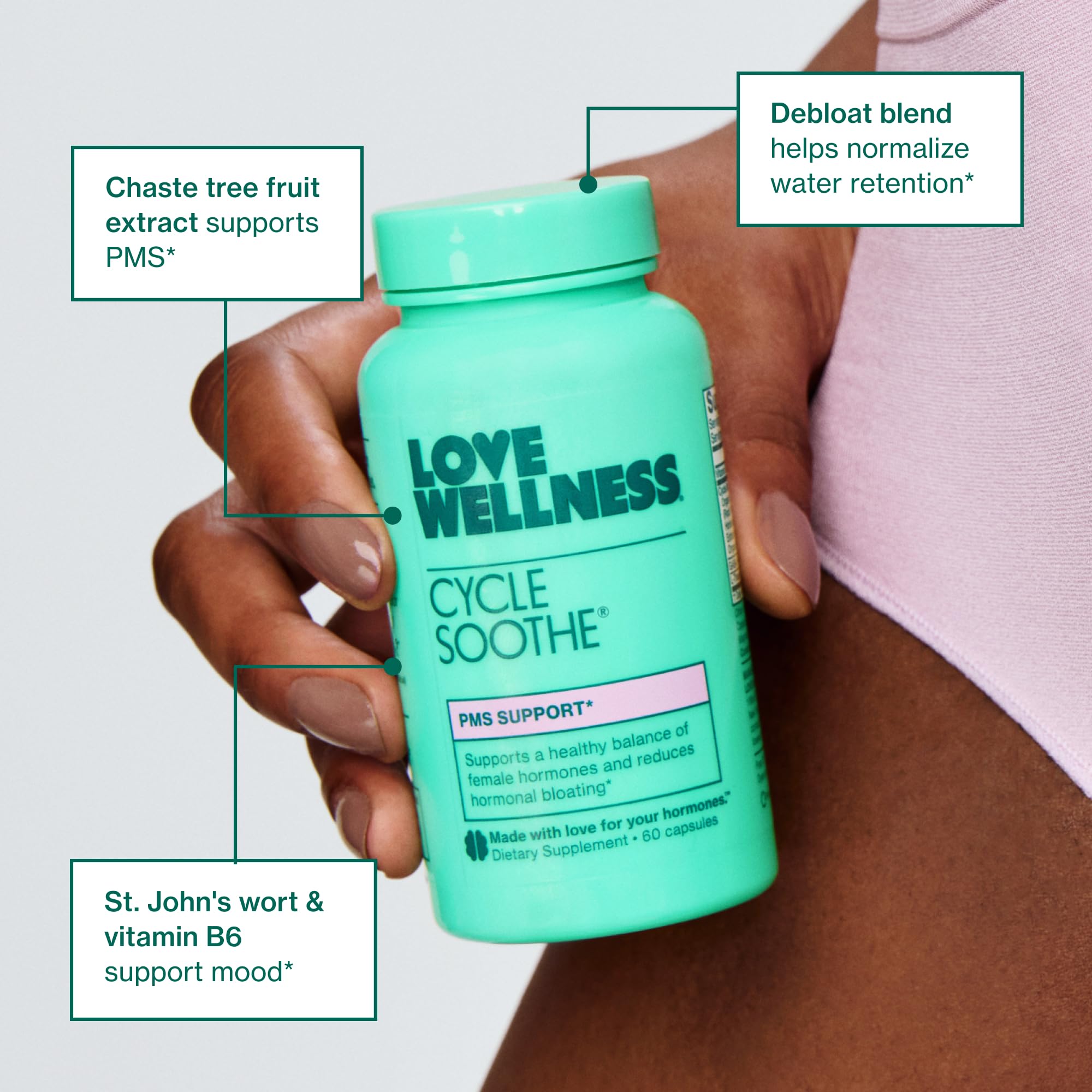 Love Wellness Cycle Soothe capsules on a wooden table