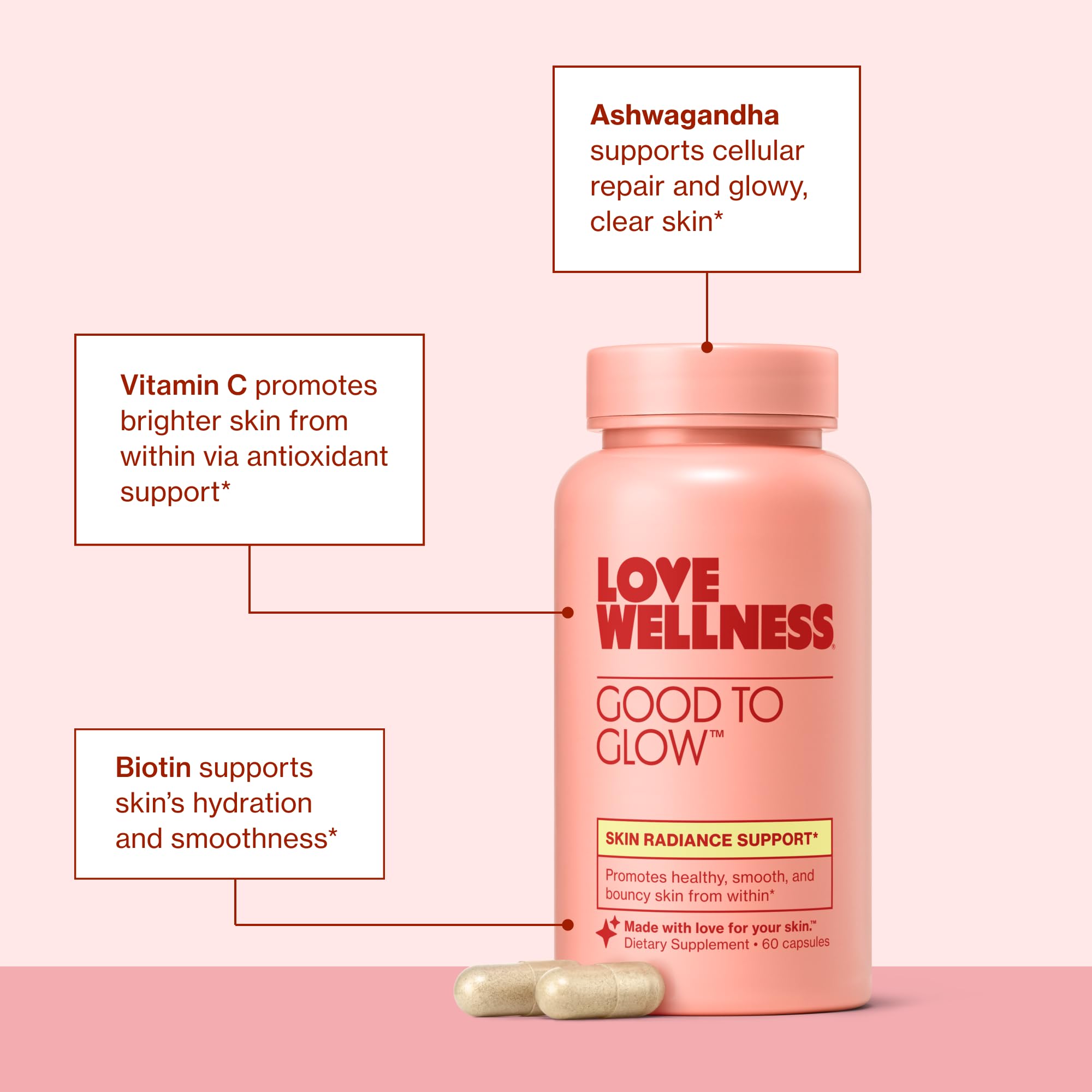 Love Wellness Good to Glow Collagen Supplement capsules in a glass