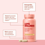 Love Wellness Good to Glow Collagen Supplement capsules in a glass
