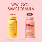 Love Wellness Good to Glow Collagen Supplement capsules on a wooden table